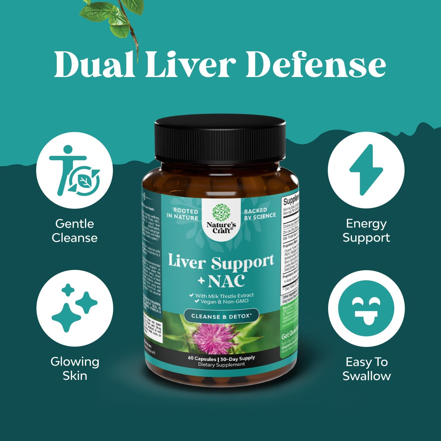 Natures Craft Liver Support Supplement with NAC - Herbal N Acetyl Cysteine Silymarin Milk Thistle Extract Dandelion Root Artichoke Choline Bitartrate and Berberine for Cleanse image number 1