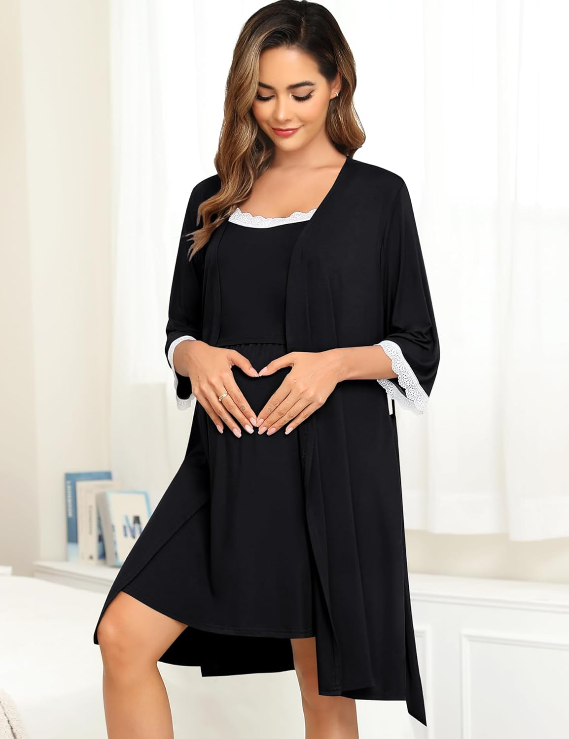 SWOMOG Lace Maternity Nursing Gown and Robe Set Double Layer Labor Delivery Nursing Hospital Nightgowns for Breastfeeding image number 6