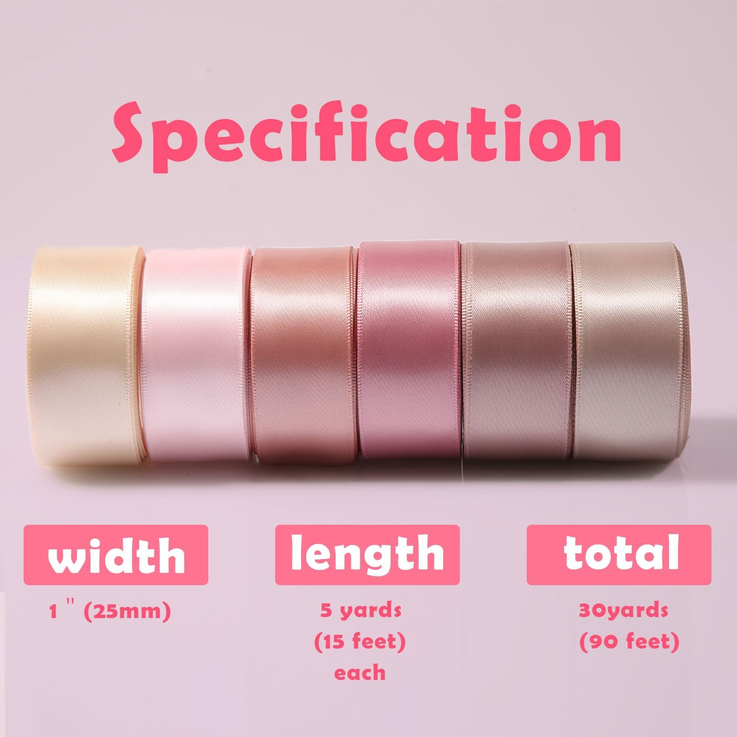 6 Rolls Ribbon for Flower Bouquet, 1" X 30Yard Double Face Satin Dusty Rose Wedding Ribbon Pink Silk Ribbons for Wedding Invitations, Craft Decorating, Baby Shower, Parties, Dating (6 Colors) image number 2