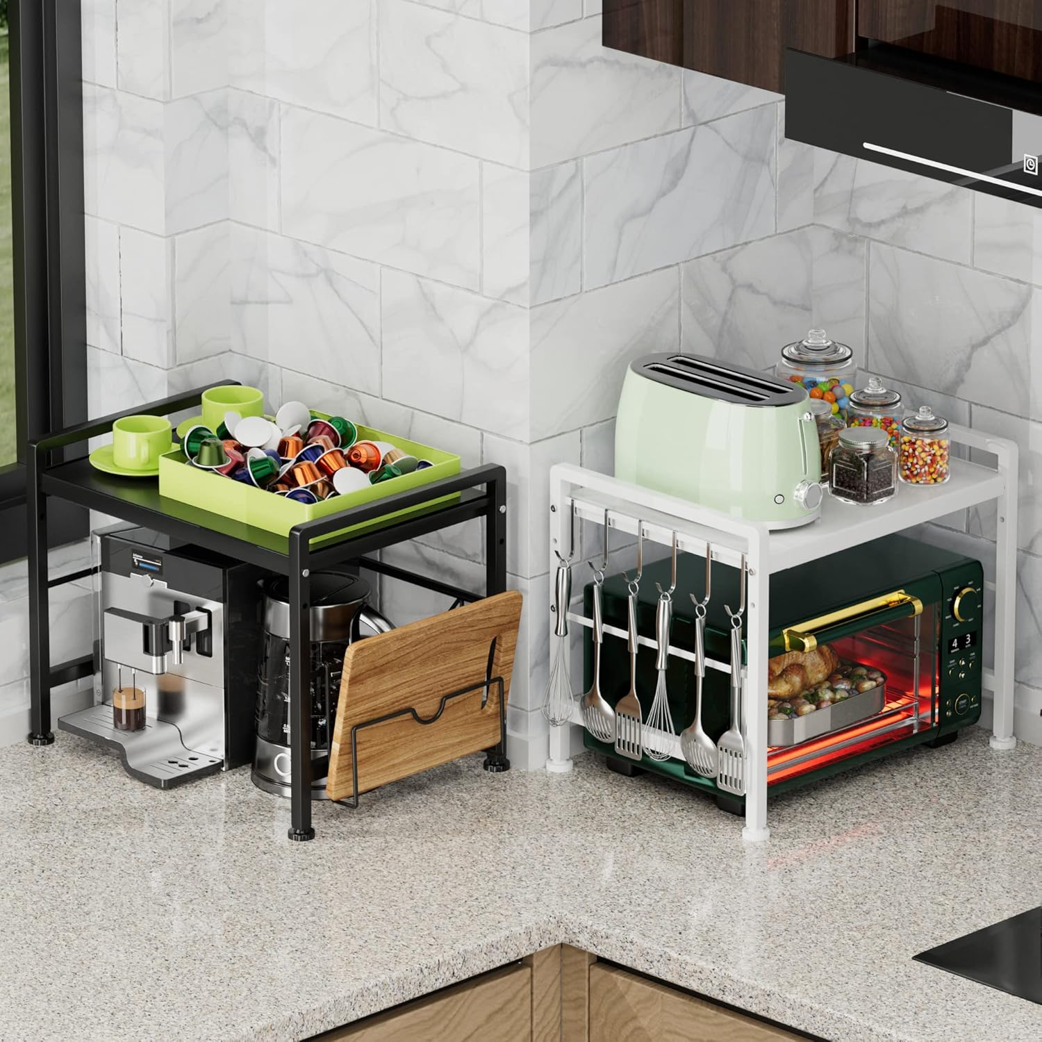 YIUKEA Extendable Microwave Oven Rack - Adjustable Kitchen Counter Shelf, 2 Tier Microwave Stand (L15.7~23.6" Xw12.8 Xh17.7) with 6 Hooks for Kitchen Countertop Organizer (White) - Black With Spice Rack image number 7