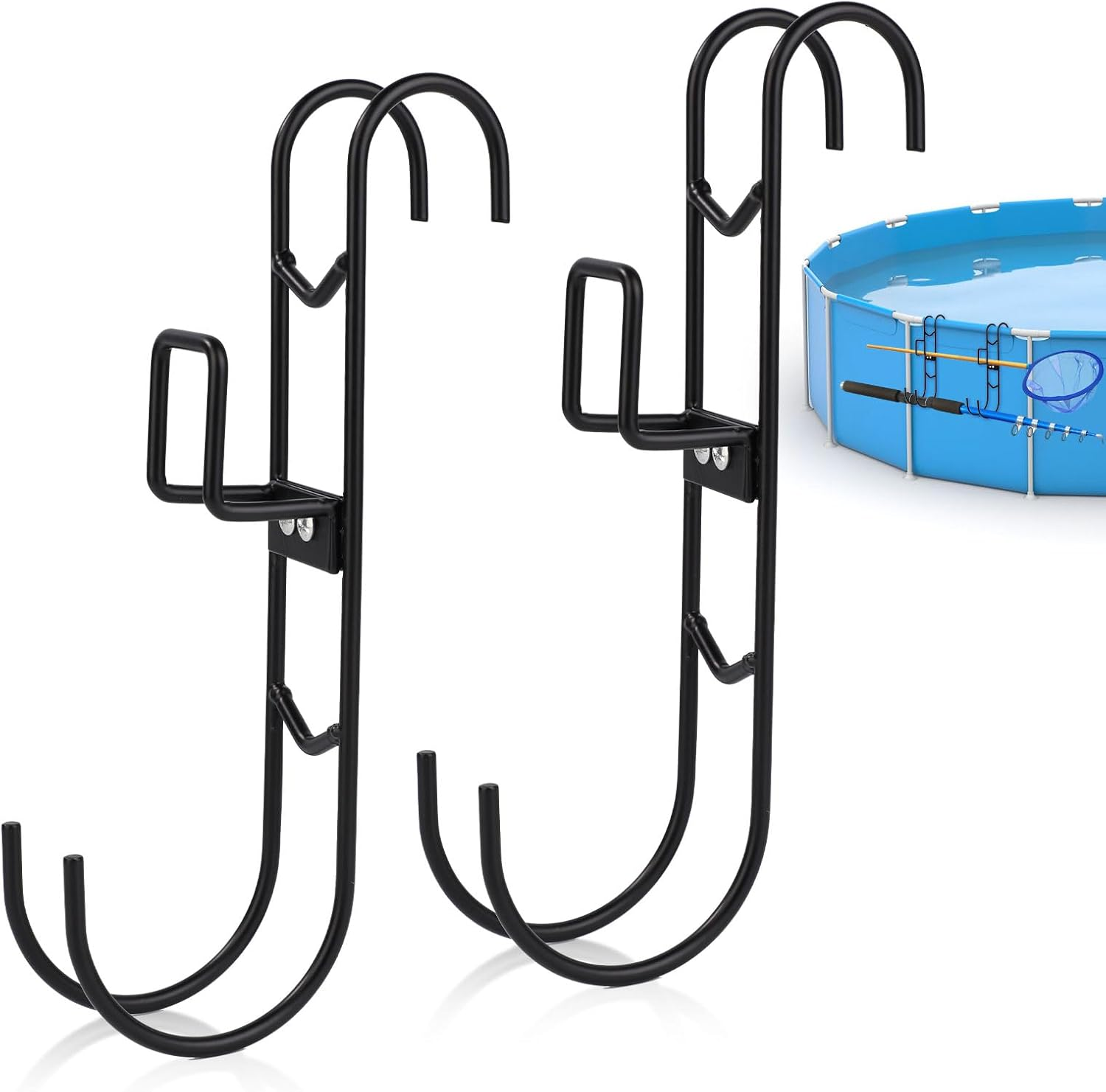 2 Sets Poolside Hanging Hooks, 2 Usages Pool Rack Hooks with Detachable Pool Fence Double Hook Design No Drilling Required Waterproof Pool Pole Hangers for Skimmers Brushes Nets Accessories image number 2