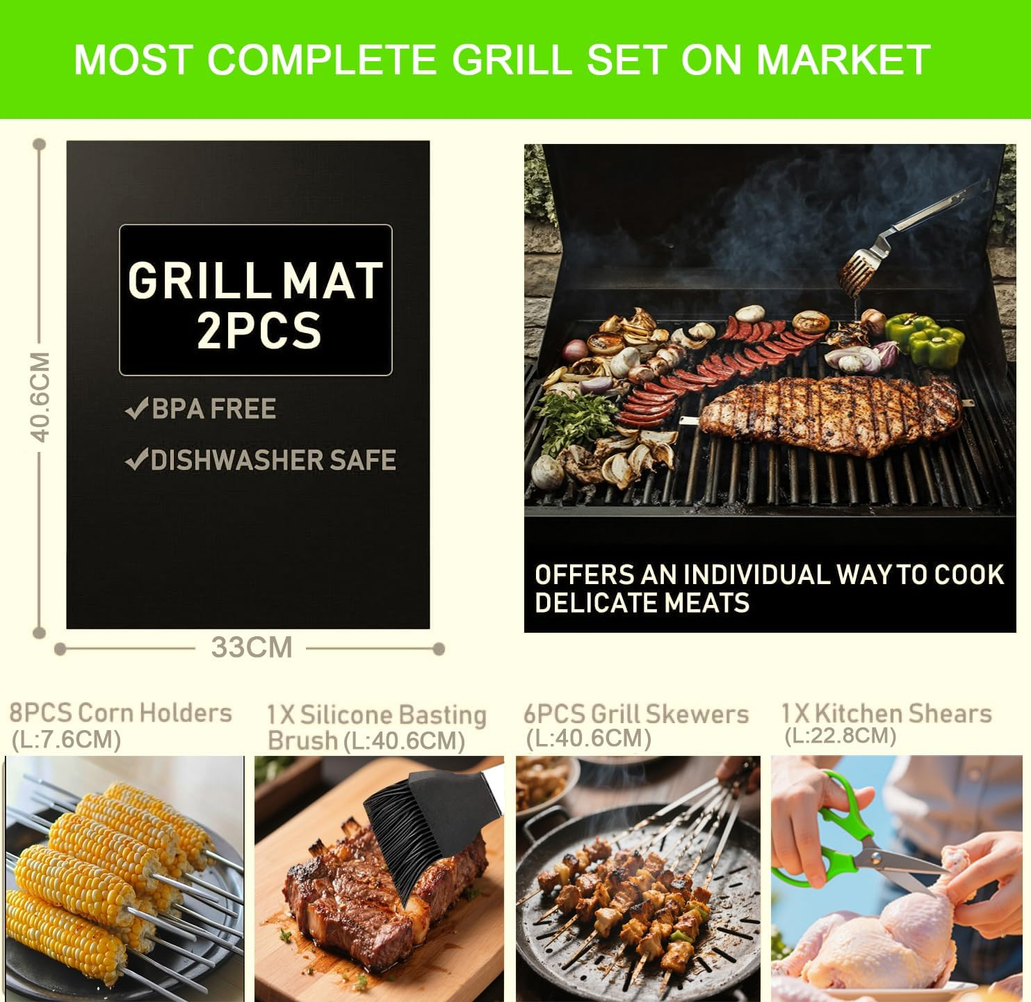 34Pcs Grill Accessories BBQ Grill Tools Set, Heavy Duty Thicker Stainless Steel Grill Tool with Thermometer, Long Handles, Carry Case; Gift Grill Mats for Backyard, Camping; Barbecue Set for Men Women image number 1