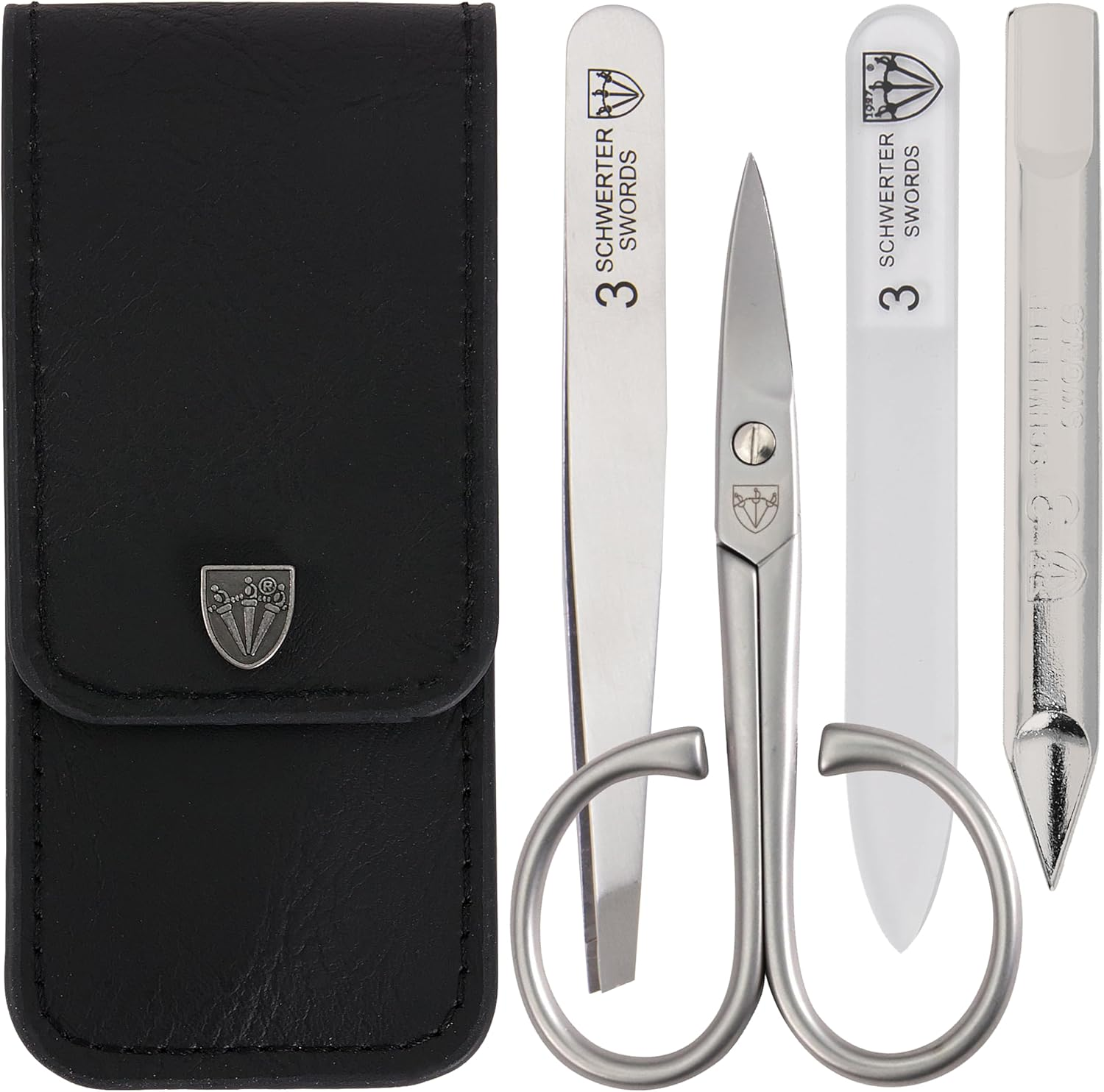 3 Swords Germany - Brand Quality 3 Piece Stainless Steel INOX Manicure Pedicure Grooming Kit Set for Professional Finger & Toe Nail Care Scissors File Tweezers Genuine Leather Case in Gift Box (Hgjfk) Black