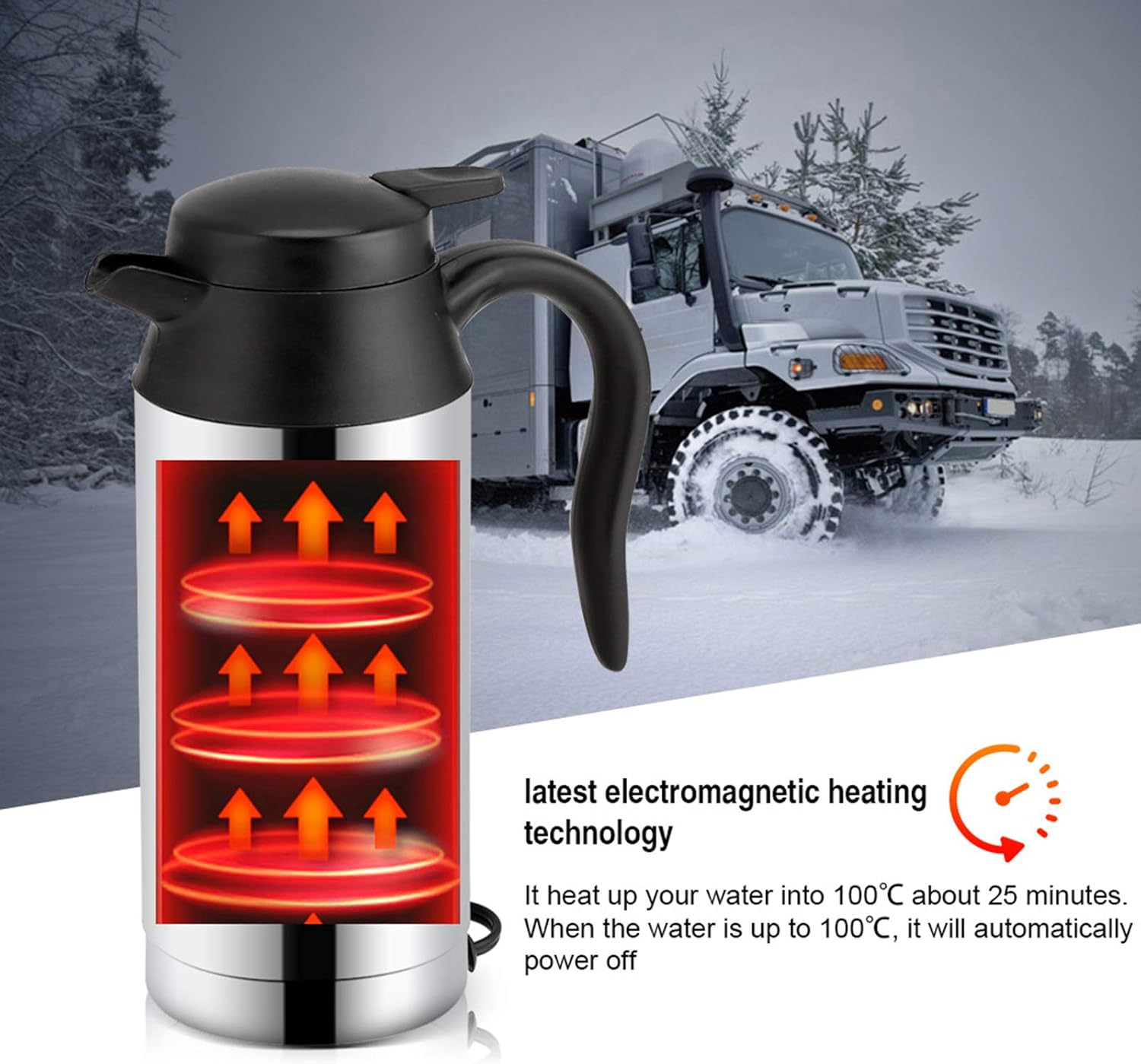 Car Kettle, 12V 750Ml Food Grade Stainless Steel Car Heating Cup, Portable Fast Boiling Travel Kettle with Indicator Light and Charger for Hot Water, Coffee, Tea, Beverage image number 5