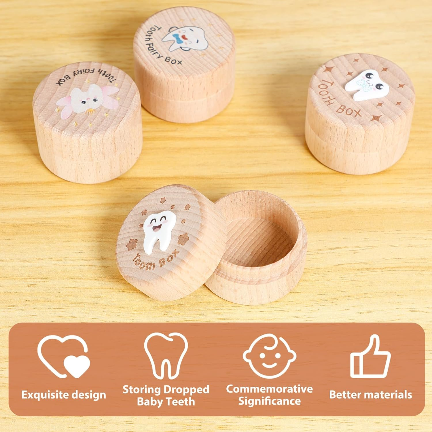 4 Pcs Tooth Fairy Box, Wood Baby Tooth Box, Cute Tooth Keepsake Box, Tooth Storage Box, Kids Tooth Saver Container Box for Dropped Teeth Storage, Exquisite Teeth Box for Little Boys Girls Toddlers image number 4