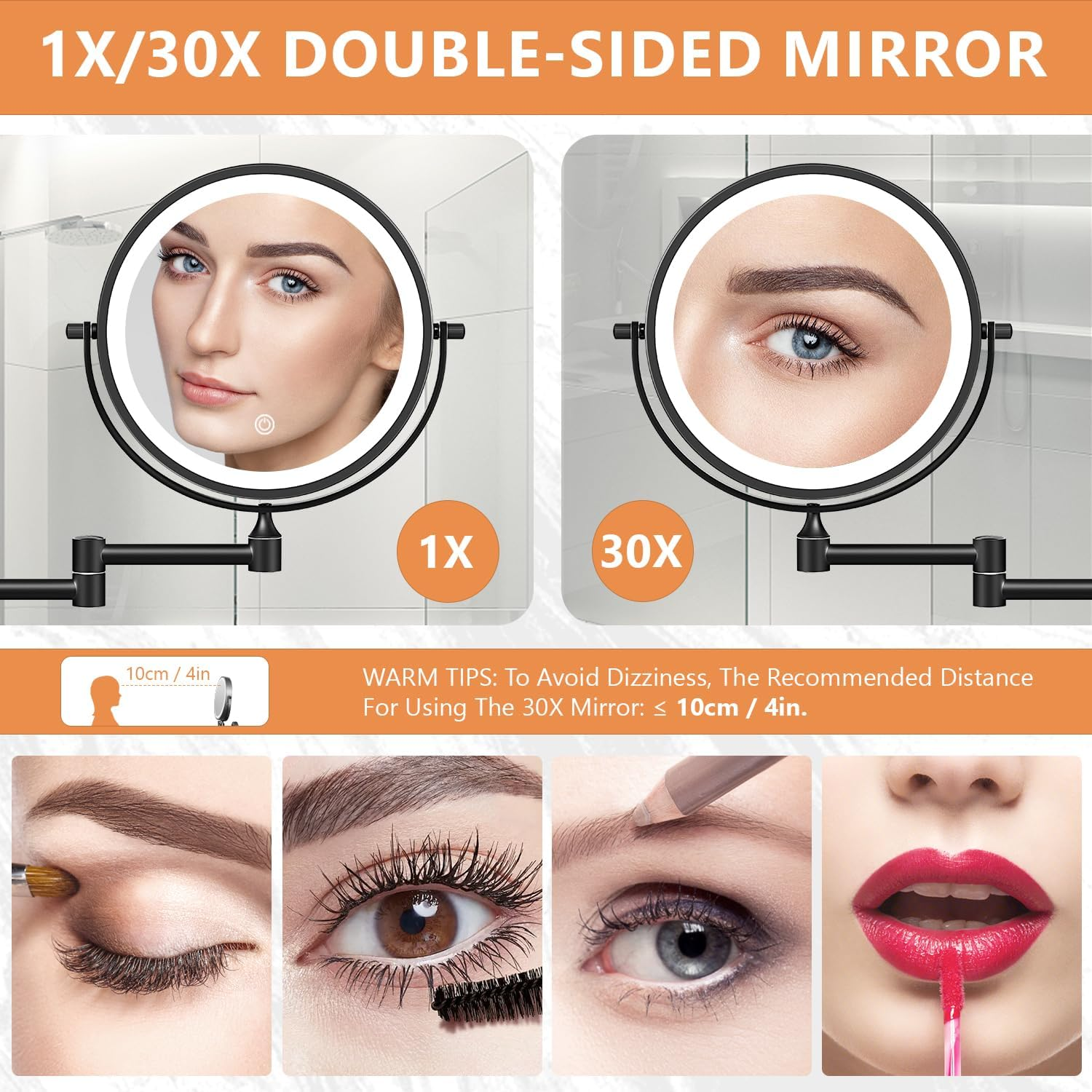 Auxmir 1X/30X Wall Mounted Lighted Makeup Mirror, 8" Rechargeable Double-Sided Magnifying Mirror with Light, Touch Dimmable 3 Color Light, 360&deg; Rotation Foldable Extended Arm, Black image number 5