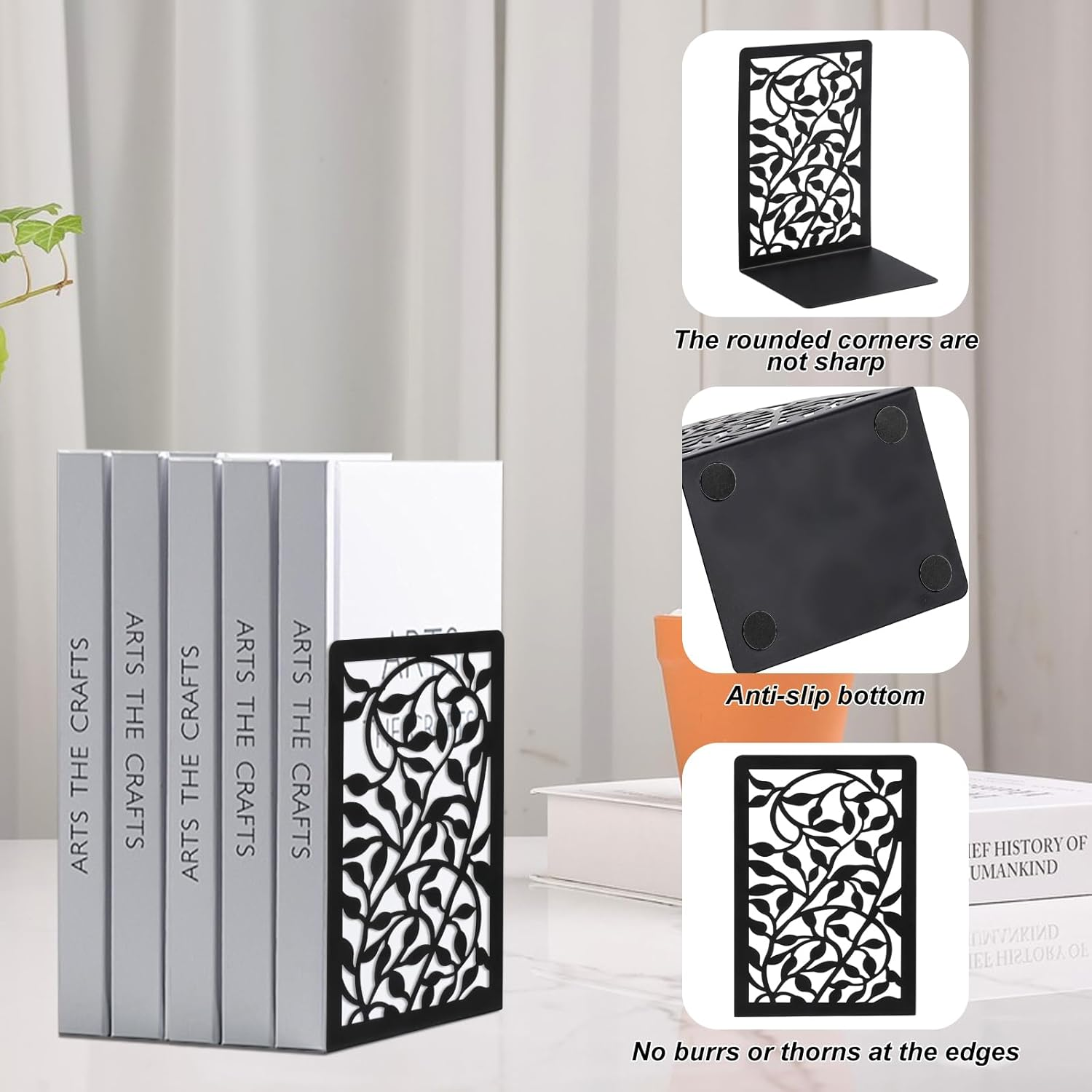 Bookends, 1 Pair Black Bookends, Metal Bookends, Book Holder for Shelf, Book Stand, Book Holder Shelf for Office, Home, Reading Stand, Music Stand image number 3