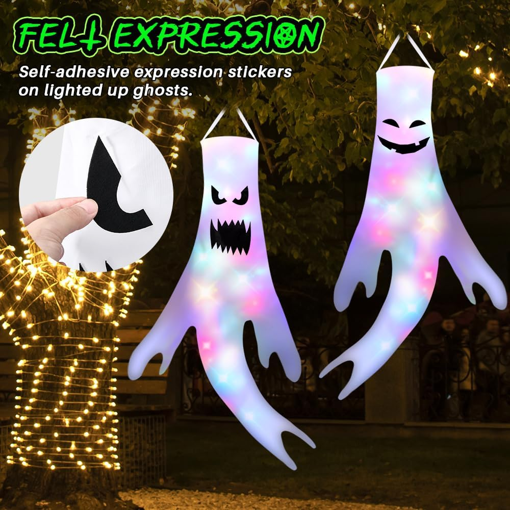 AUTOWT 2 PCS Halloween Ghost Windsocks with LED Lights, 51 Inch Light up Scary Hanging Ghost Windsocks Decor, Halloween Decorations for Home Indoor Outdoor Yard Party Supplies