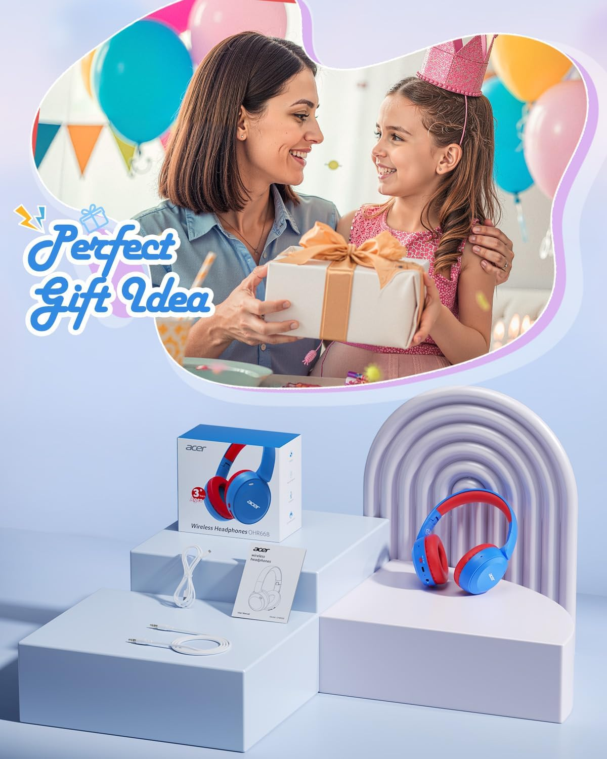 Acer OHR668 Kids Bluetooth Headphones - Blue Red image number 6