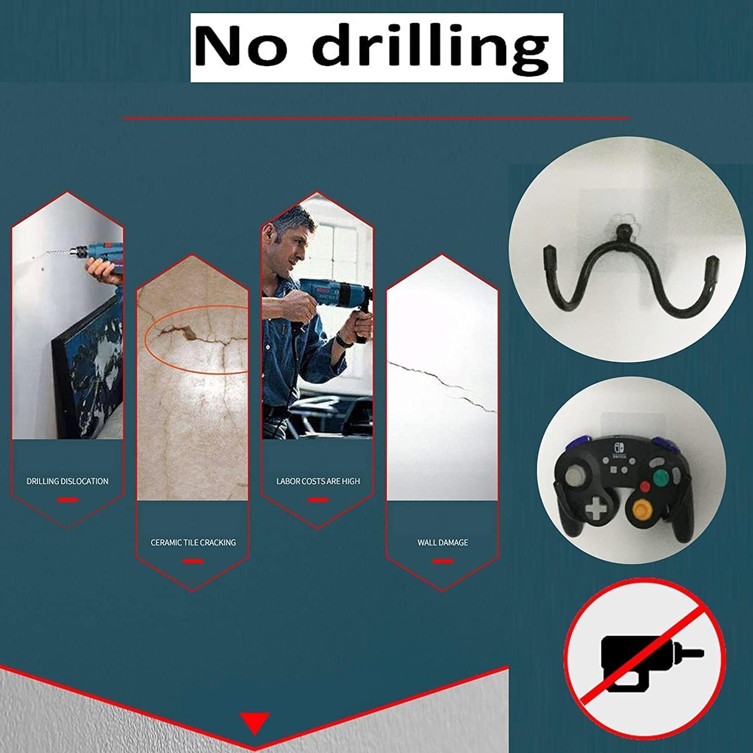 3 Pack Universal Self-Adhesive Game Controller Wall Mount Storage Organizer Stand Holder Hanger for Xbox One PS4 Switch Pro Controller,Headphone,Cables,Etc - No Drilling, Stick On image number 5