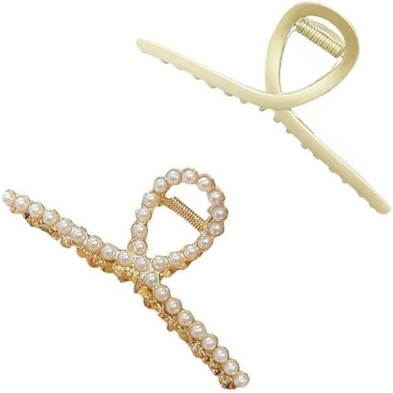 2 Pcs Matte Gold Pearl Gold Large Metal Hair Claw for Women with Pearls Non-Slip Hair Clips Thick Hair Threaded Gold Claw Clips Shining Strong Crab Claws Cross Hair Barrettes Hair Clips image number 2