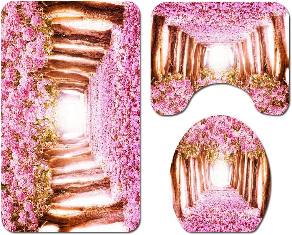 3 Pieces Polyester Non Slip Bathroom Mat Sets Bath Mat + Pedestal Mat + Toilet Seat Cover Mat, Morbuy Home Decor - Floral Print (Blue) - Lotus image number 2