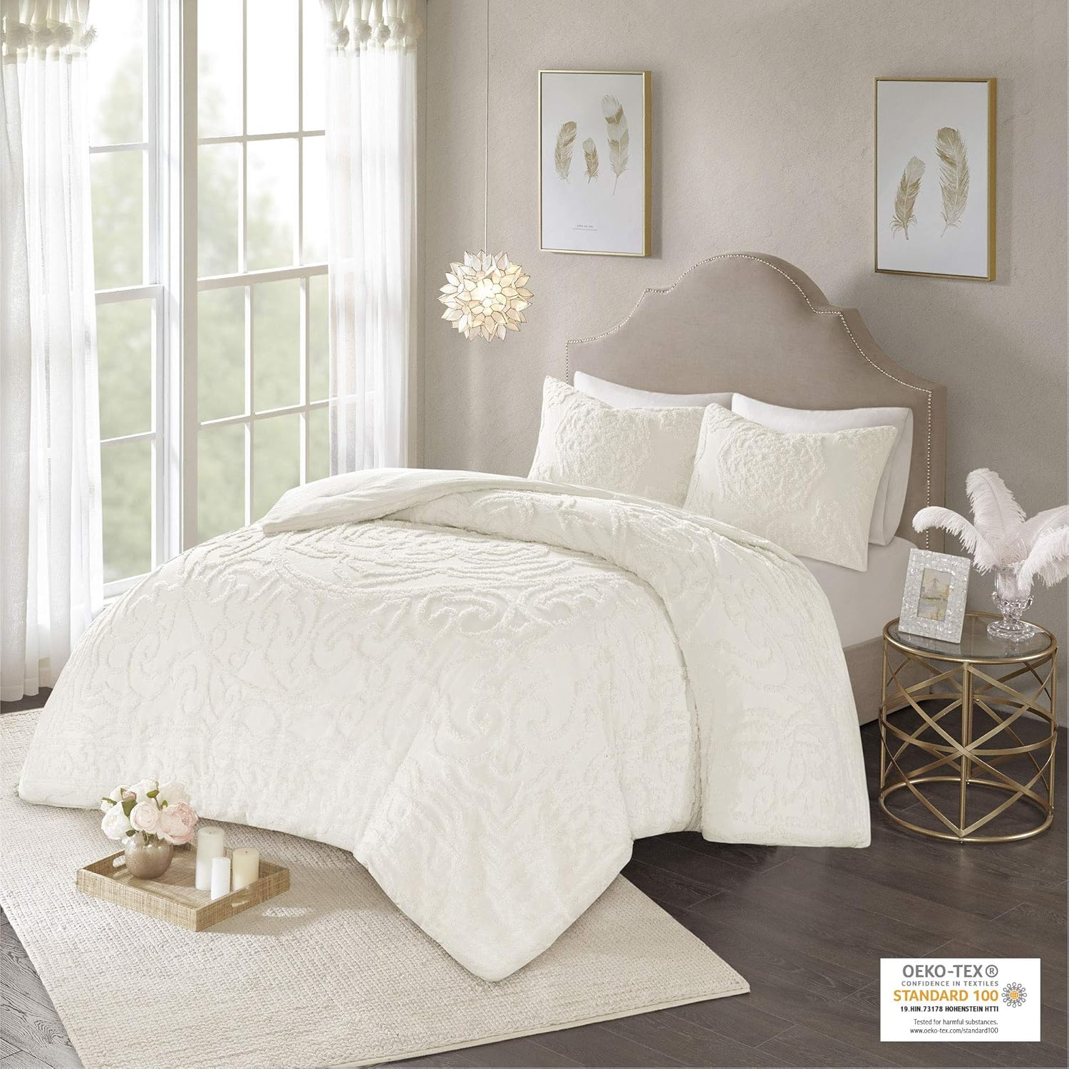 Madison Park Laetitia Comforter Bohemian Tufted Cotton Chenille, Medallion Shabby Chic All Season down Alternative Bed Set with Matching Shams, Floral off White Full/Queen(90"X90") 3 Piece image number 1