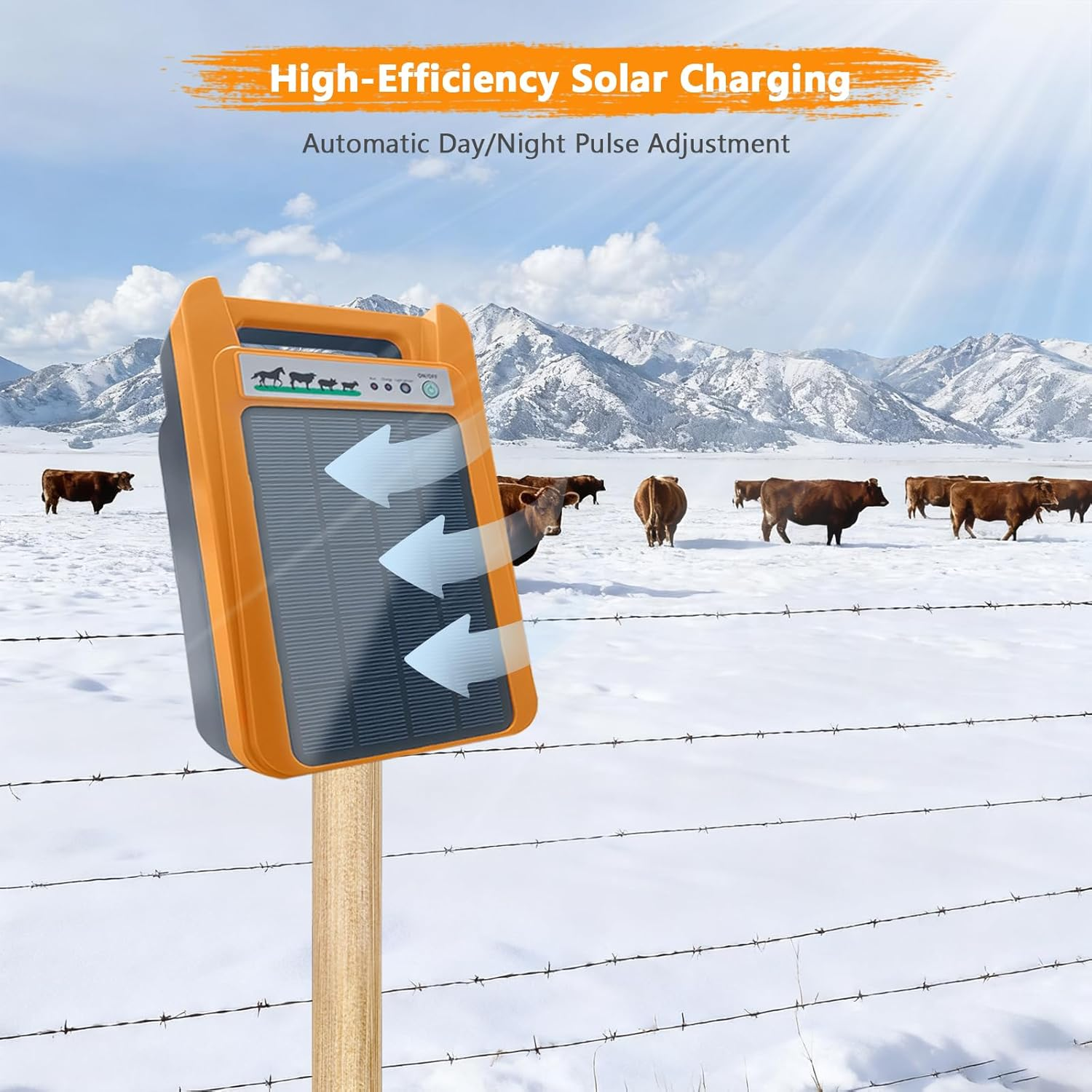 Solar Electric Fence Charger, 0.2J 8000V Solar Powered Fence Charger with Day/Night Mode, 24-Hour Uninterrupted Protection for Livestock, Poultry & Garden image number 2
