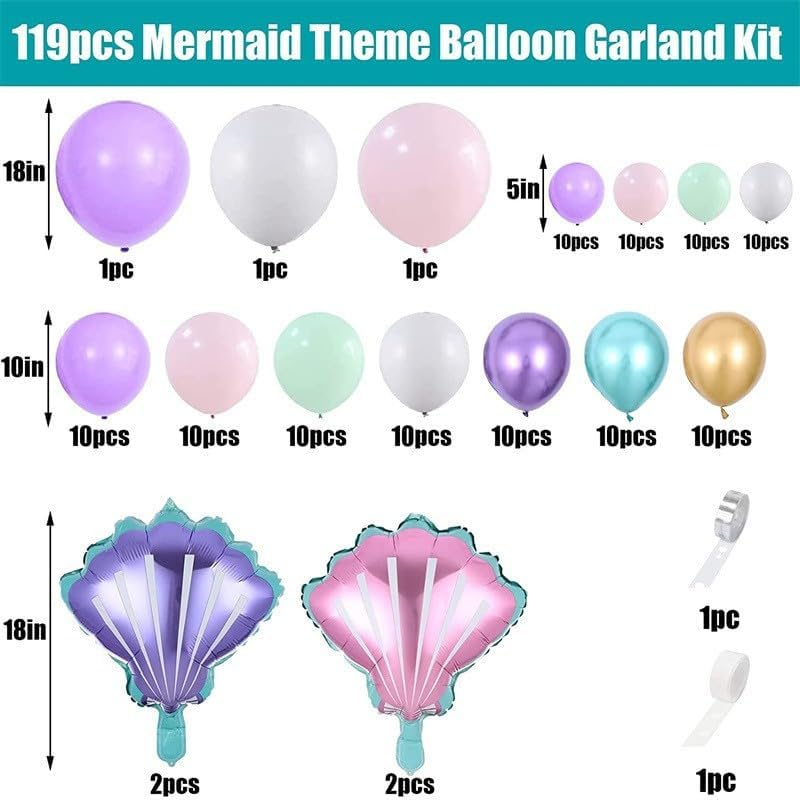 119 Pcs Mermaid Balloon Garland Mermaid Party Decorations Purple Pink Balloon Arch Mermaid Tail Foil Balloons Metallic Green Purple Pink Blue Balloon under the Sea Marine Animal Party Supplies image number 2