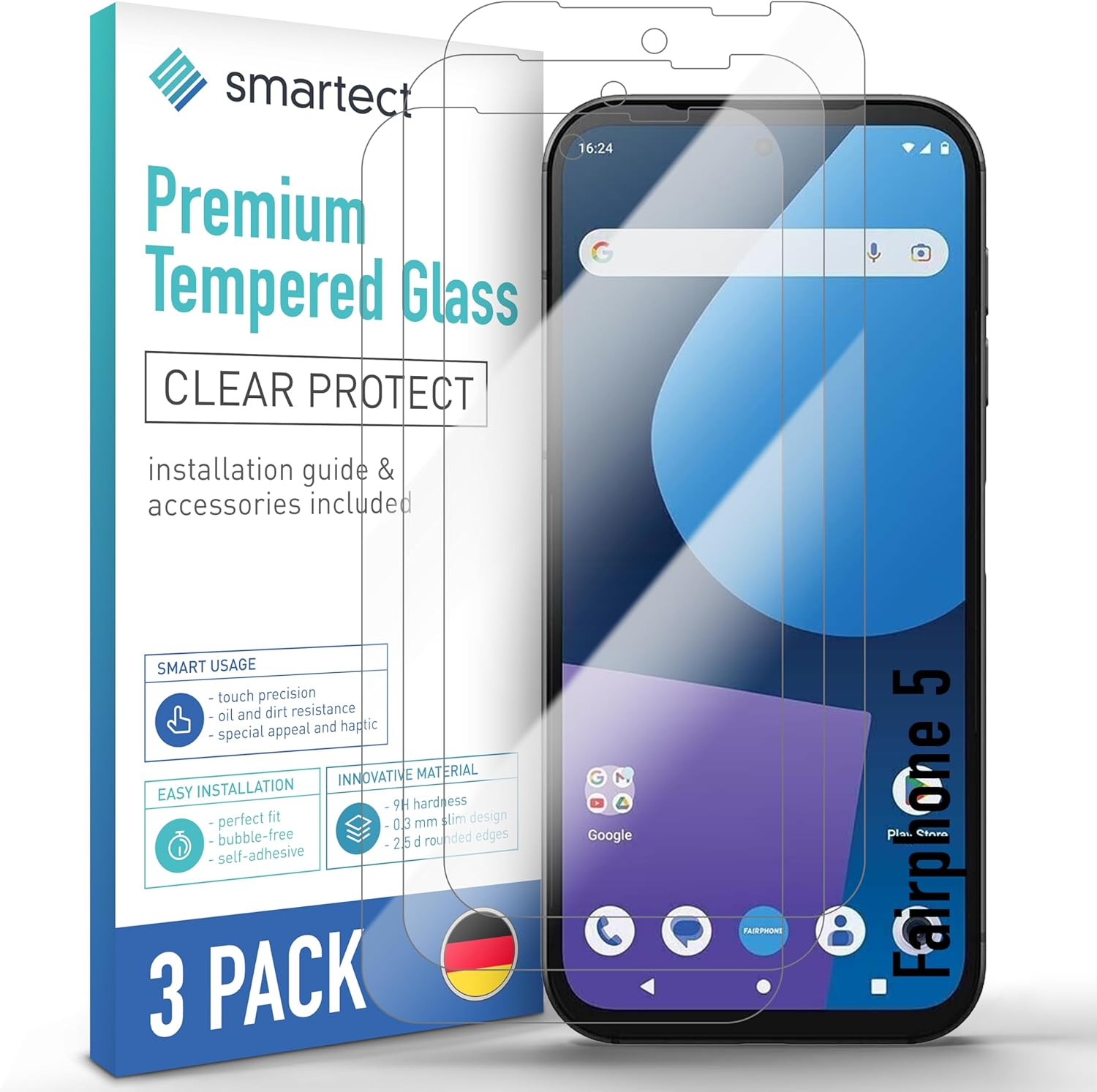 Smartect Protective Glass [Pack of 3, Clear] Compatible with Fairphone 5, HD Screen Protector, Anti-Scratch, Bubble-Free, 9H Hardness, 0.3 Mm Ultra Clear, Ultra Resistant