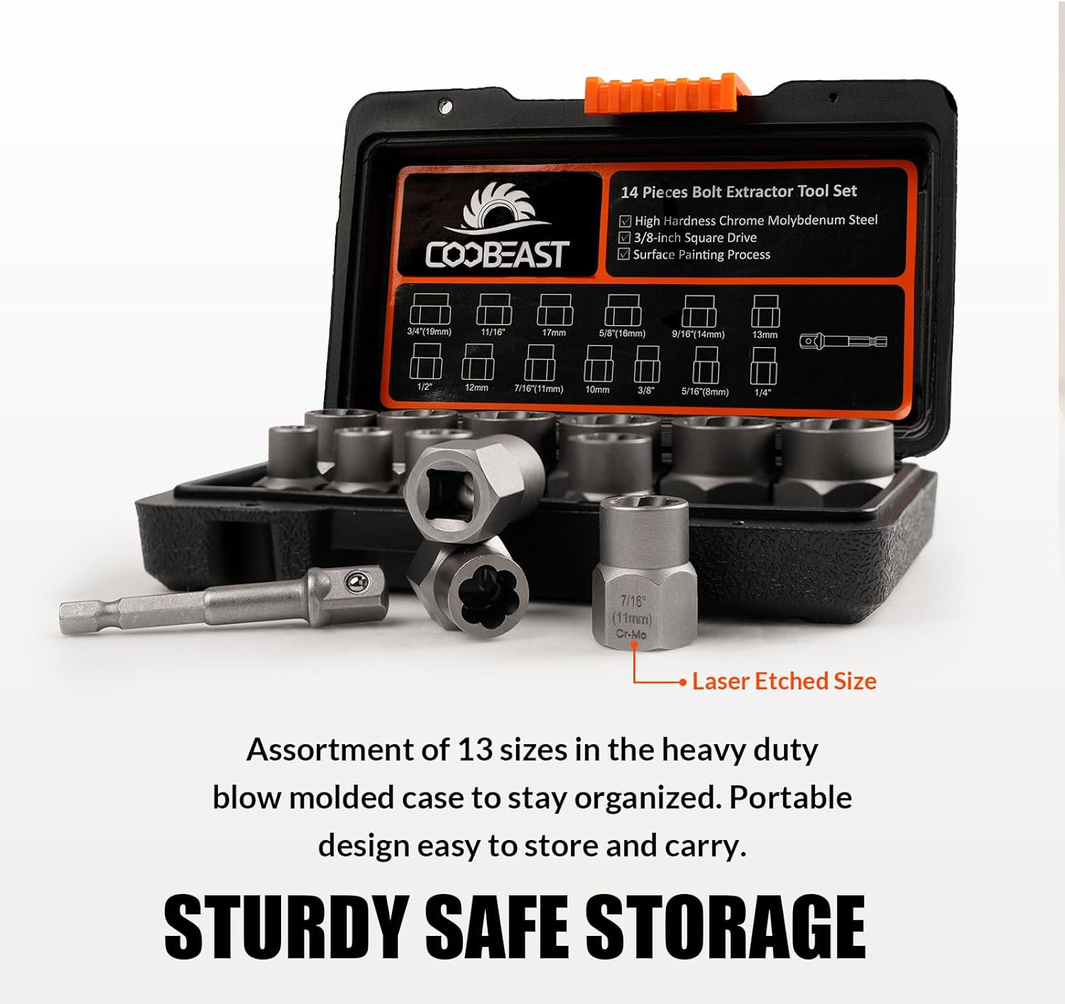 Coobeast Bolt Extractor Set Heavy Duty, 13Pcs Bolt Extractor Kit with 3/8 Inch Adapter, Stripped Lug Nut Remover, Easy Out Bolt Remover Set for Rusted, Rounded, Damaged Nuts Screws