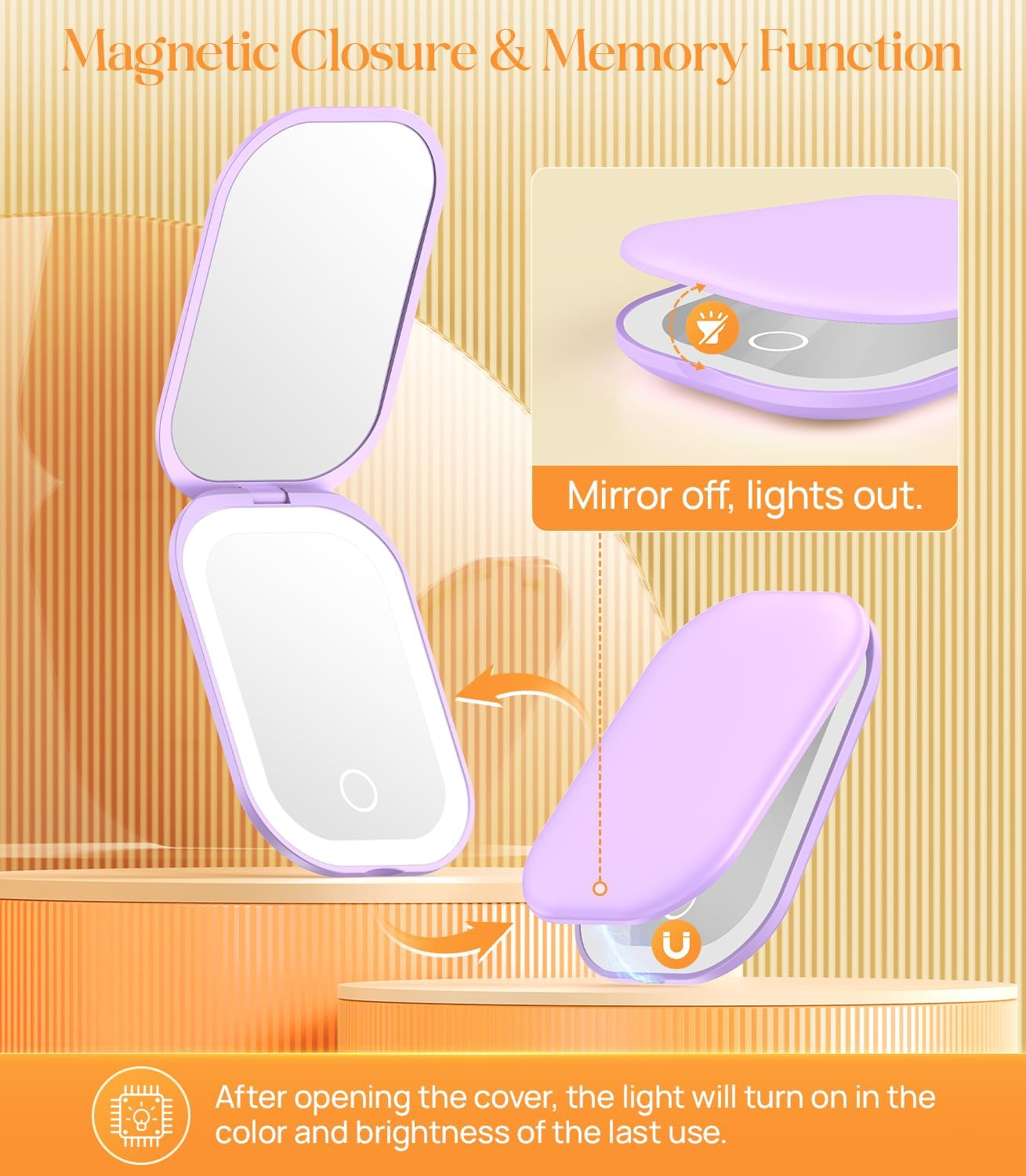 Gospire Lighted Compact Mirror with Light and Magnification 1X/3X, Stepless Dimming and Three-Color Adjustable Lights, Rechargeable Battery and Compact Size for Purse and Travel -Purple - Green image number 7