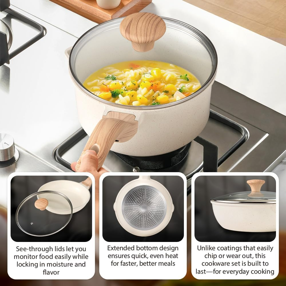 ZUNI 13Pcs Ceramic Cookware Sets, Nonstick Pots and Pans Set, Non-Toxic Kitchen Cooking Set with Frypan, Saucepan, Stockpot, Spatula & Spoon Tools and Pot Protectors, PFOA PFOS Free image number 2