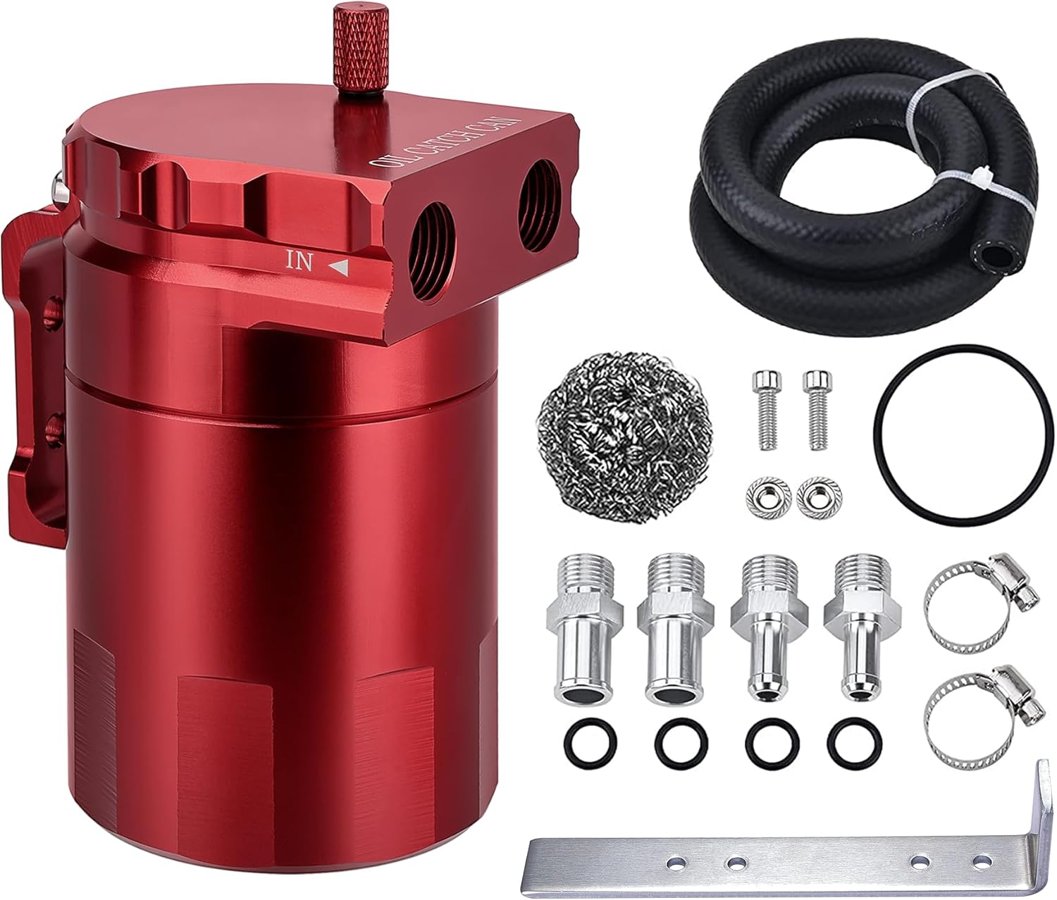 EVIL ENERGY Baffled Universal Oil Catch Can Reservoir Tank Kit with 3/8" NBR Fuel Line and Steel Wool Aluminum Black 400Ml