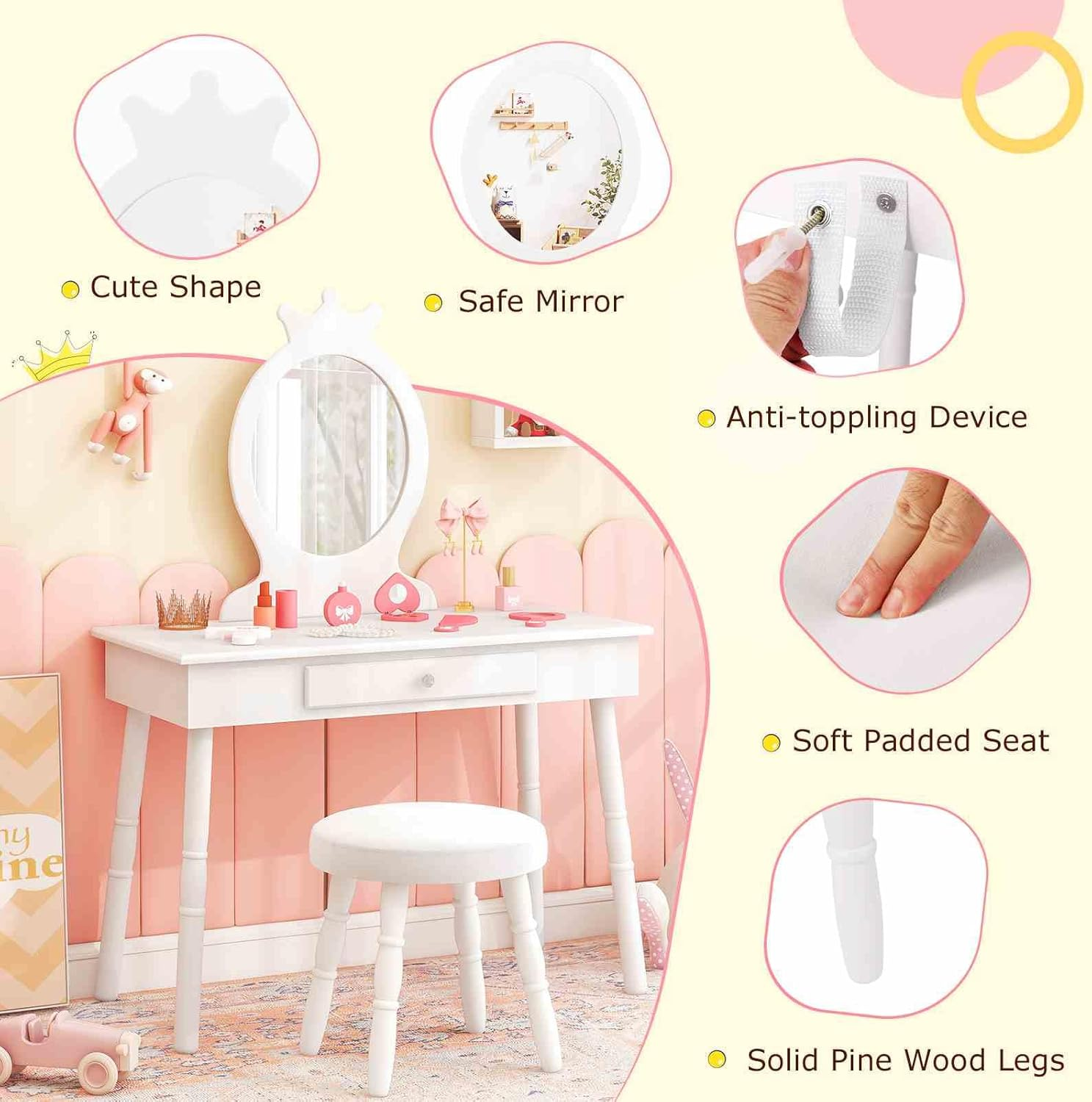 Costway Kids Vanity Makeup Table Set, Princess Vanity Table & Chair Set, Makeup Dressing Table with Drawer and Cushioned Stool, Vanity Desk with Real Mirror for Little Girls (White) image number 5