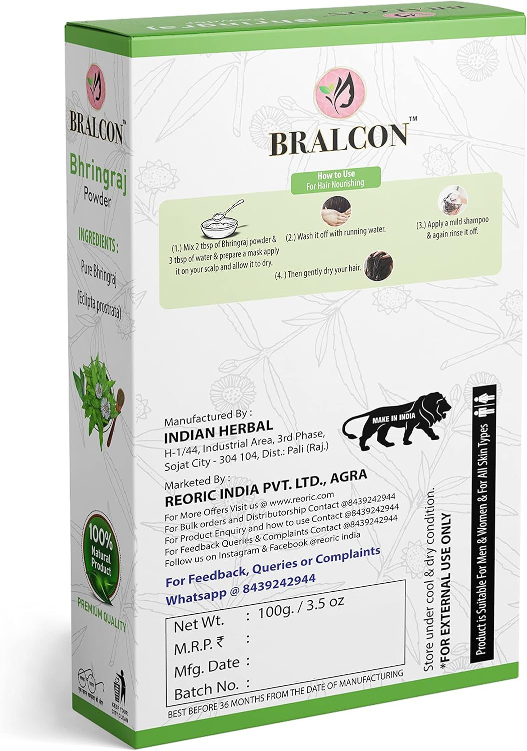 BRALCON Methi, Amla, Shikakai, Bhringraj, Hibiscus Powder Combo-500G (100G X 5 Pack) for Hair & Skin Care in Seperate Packaging image number 3
