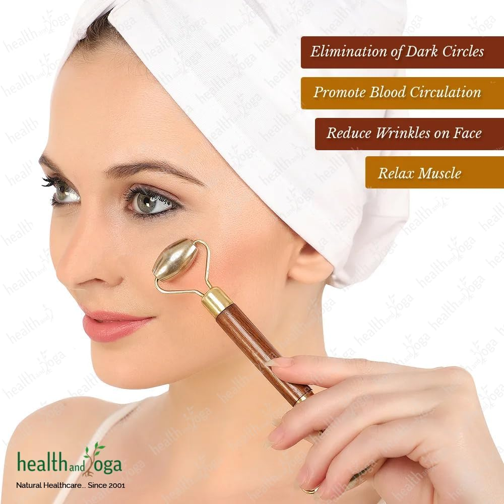 Healthandyoga Bronzroll Kansa Face Roller Fine Wood Grip with Beauty Face Oil - Premium Luster Restoring and Skin Stimulation and Detox Tool - Gentle Soft Tissue Massage Ayurvedic Toning image number 4