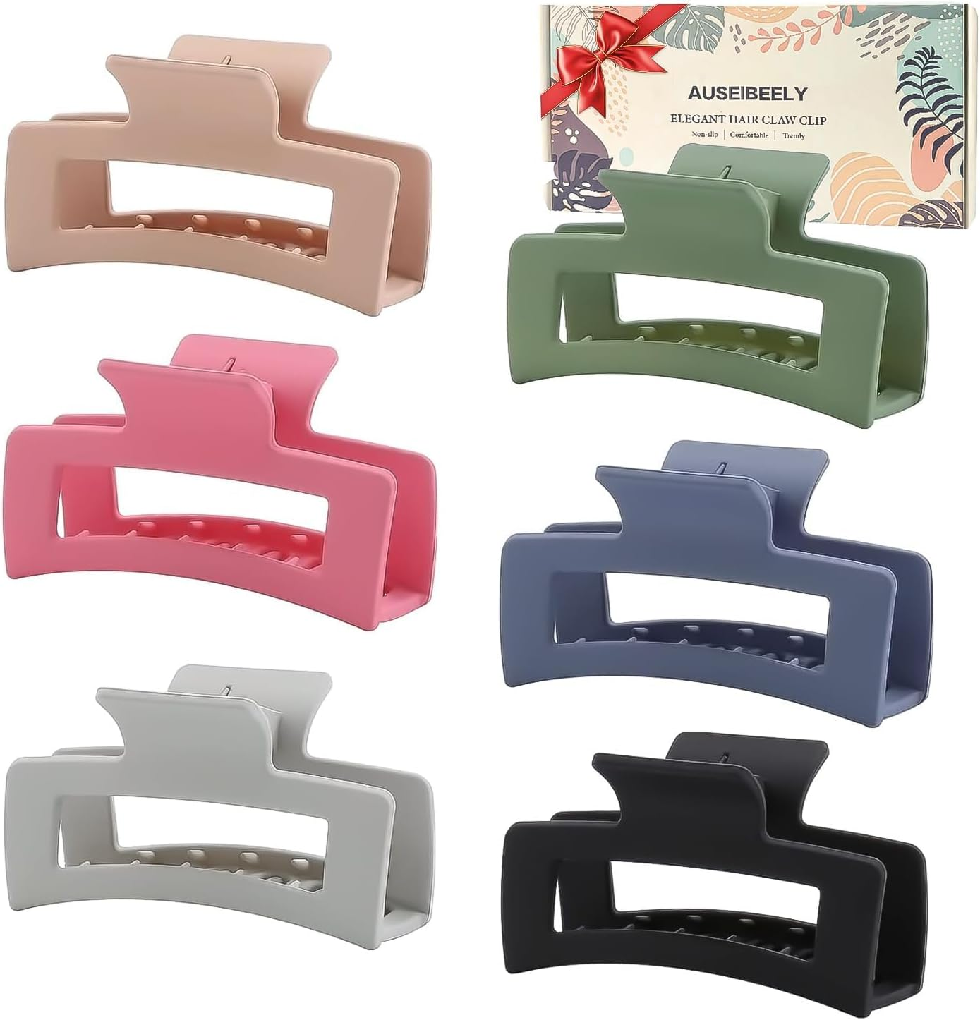 Auseibeely 6 Pack Square Claw for Women Girls, 3.5" Medium Non-Slip Rectangular Matte Clips Strong Hold Jumbo Hair Styling Accessories, Ideal for Gifts, Cool