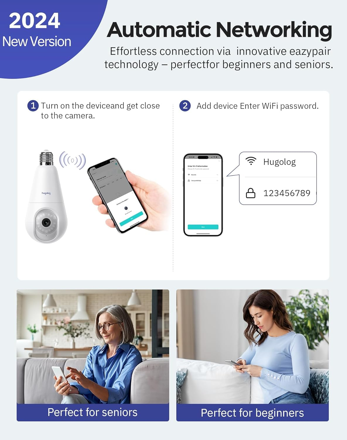 Hugolog - 3K 5MP Wireless Security Light Bulb, Outdoor Wireless Security Cameras 2.4Ghz for Home Security, Indoor with AI Sound Processing and Detection image number 5