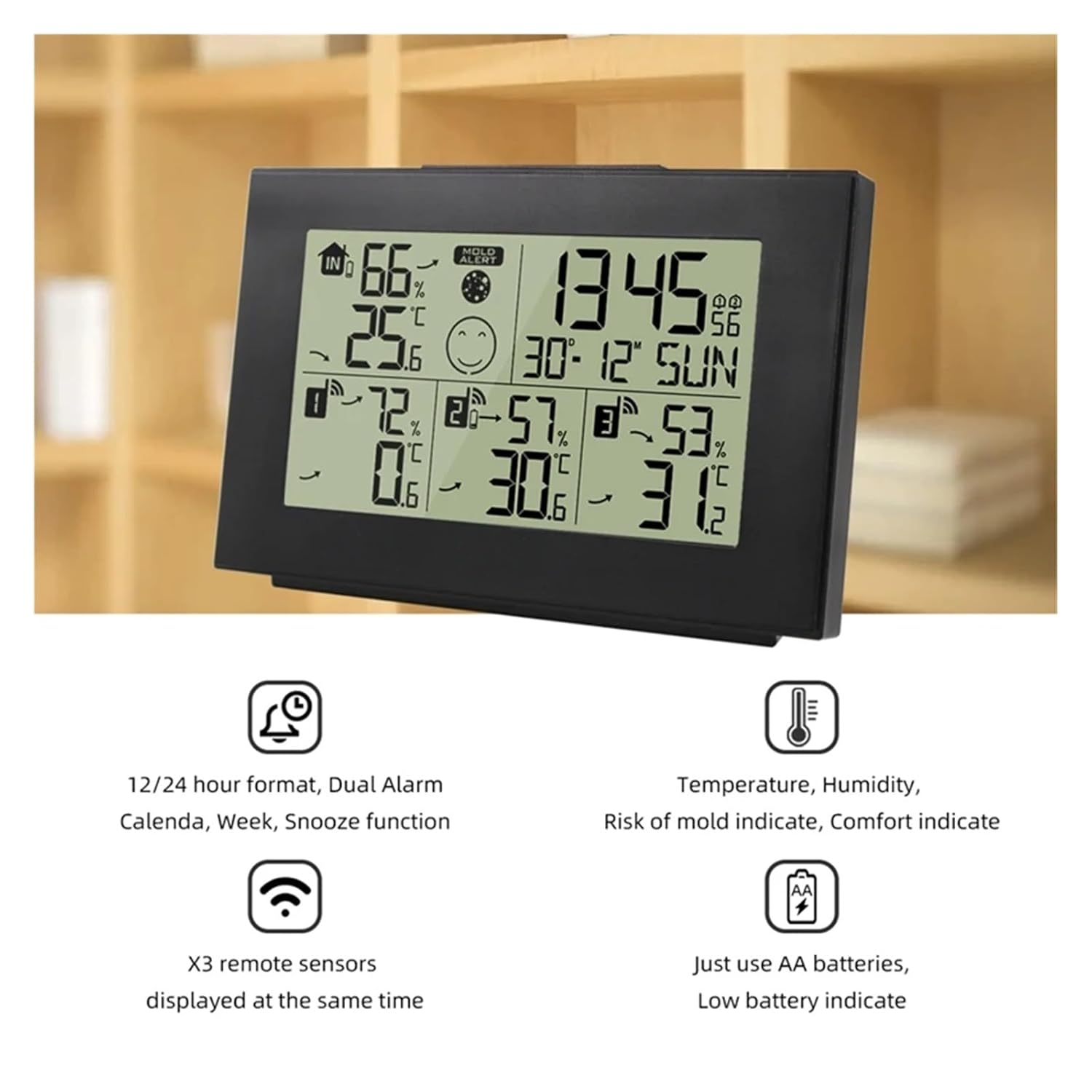 Dual Alarm Clock Weather Station Indoor/Outdoor Digital LCD Thermometer Hygrometer Trend Alert 3 Wireless Sensors image number 3