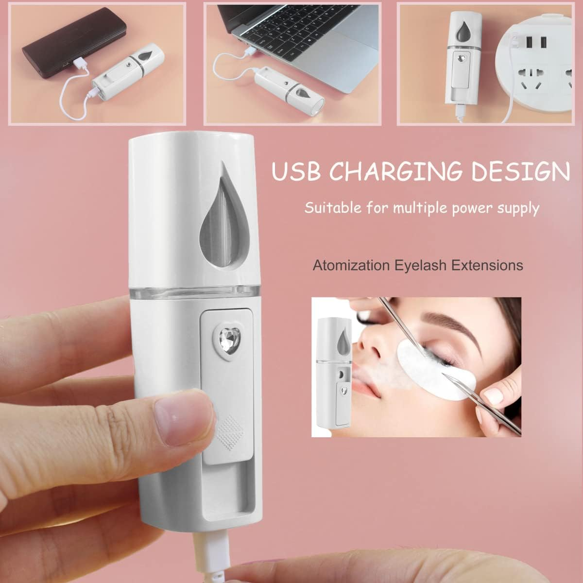 Nano Facial Mister Portable Mist Sprayer with Mirror Mini Cool Mist Spray for Skin Care & Facial Body Moisturized & Eyelash Extensions, USB Rechargeable (White) image number 1