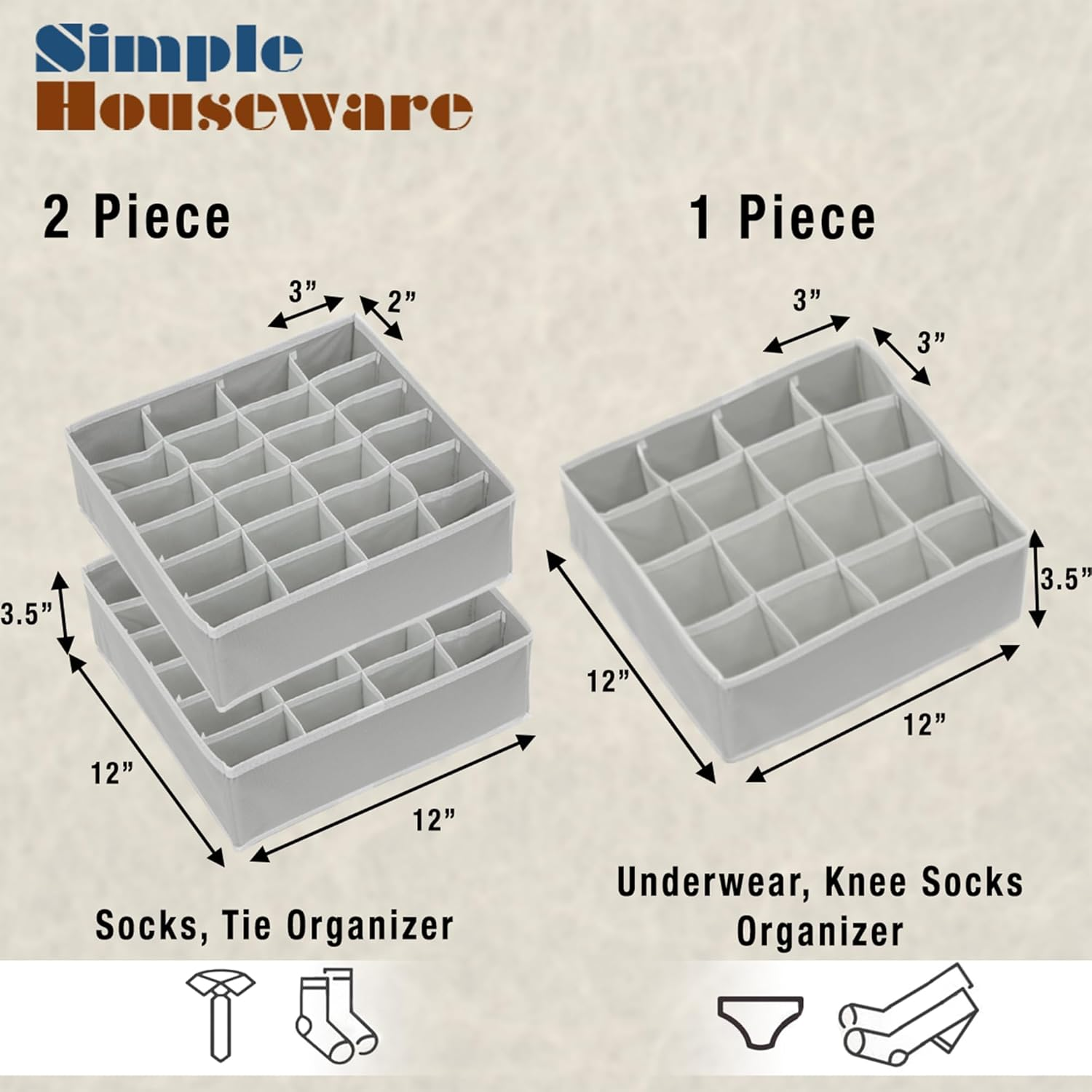 Simplehouseware Closet Drawer Organiser for Clothes, Socks and Underwear, 3 Pack, Grey image number 1
