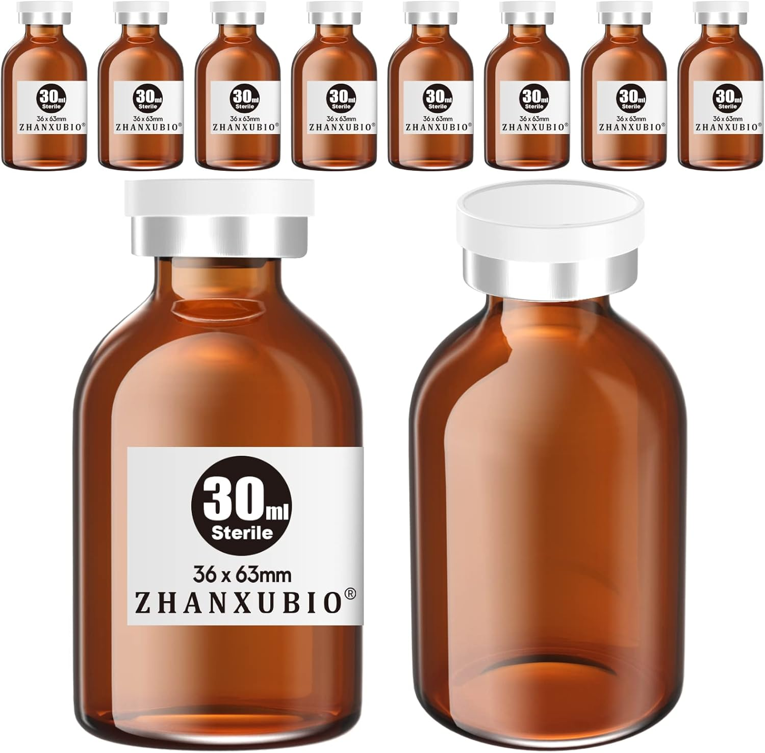 ZHANXUBIO Sterile Empty Vials with Self Healing Injection Port and Aluminum Plastic Cap,Sterile Package (30Ml Amber 10PCS) image number 1