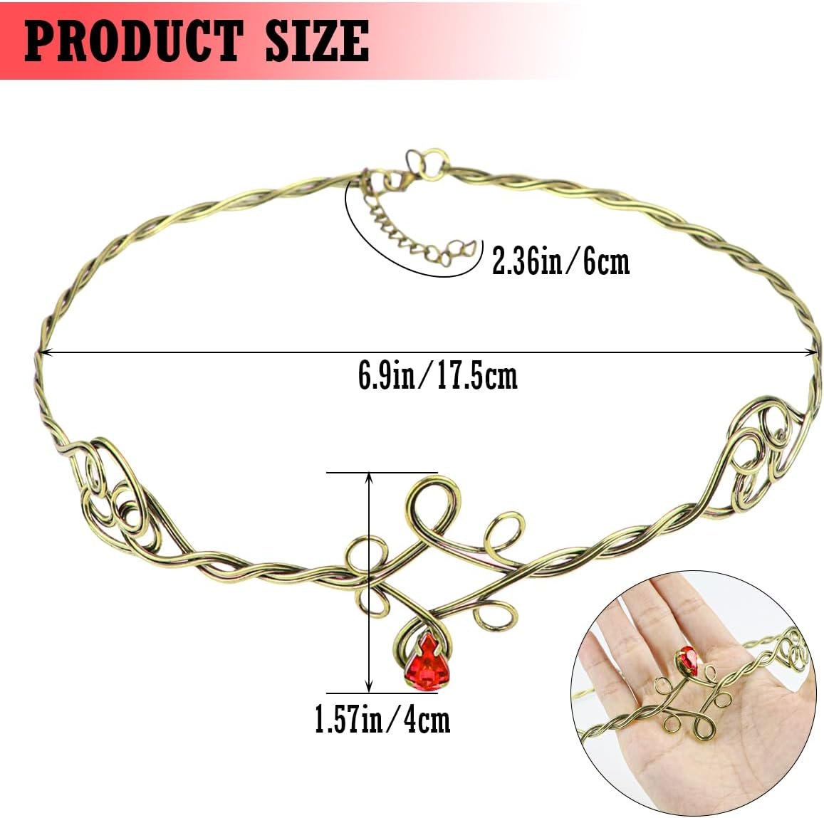 ZJIVQO Headbands Iron Circlet for Women Woven Forehead Band Crystals Tiaras Hair Band Gold Hair Hoop with Jewels Crystal Rhinestone Wedding Head Band Princess Crown Headband Tiara (Red), Crystal image number 5