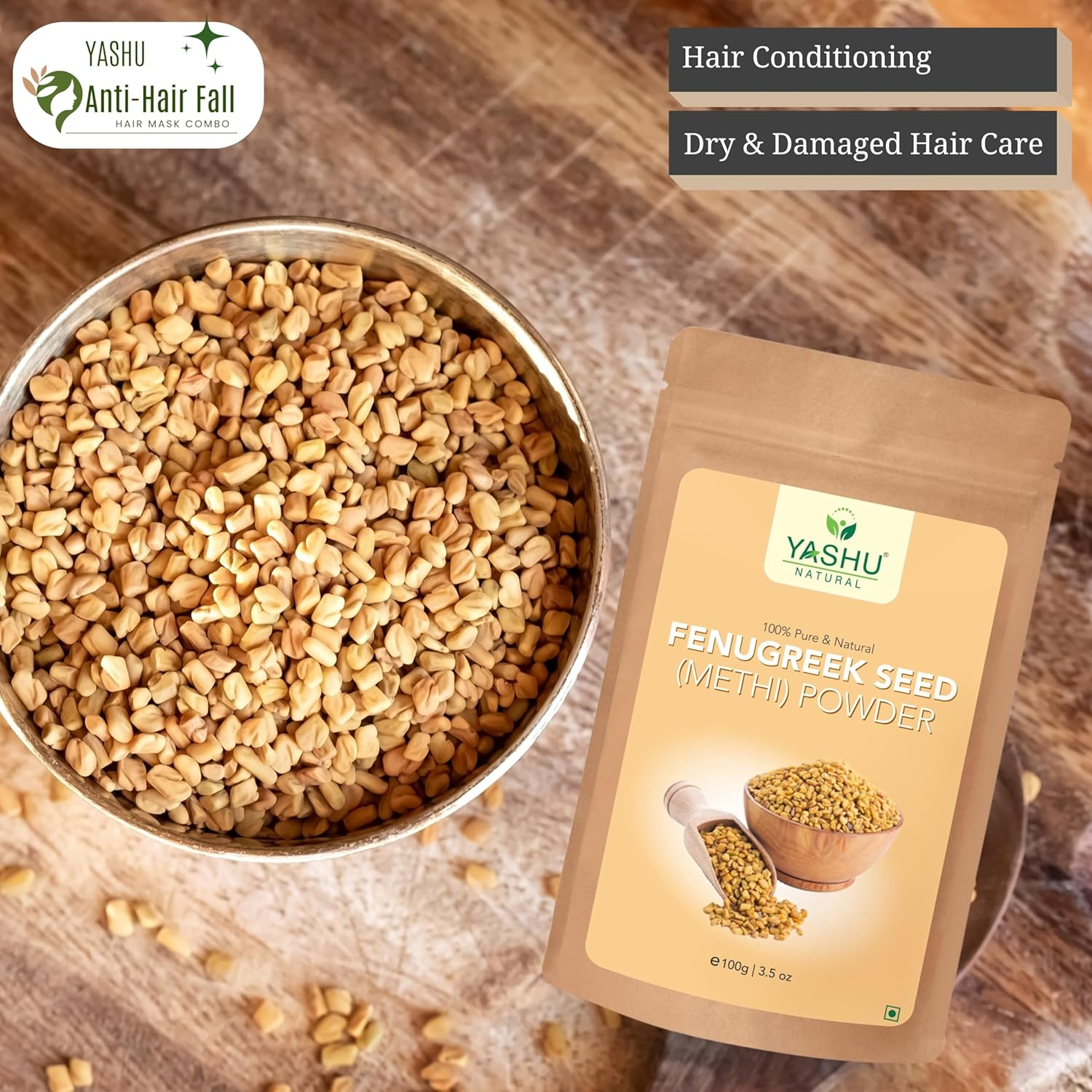 YASHU Pure & Organic Hibiscus & Fenugreek Seed (Methi Dana) Powder for Hair Conditioning | Combo Pak for Dry & Damaged Hair (200 G) image number 2