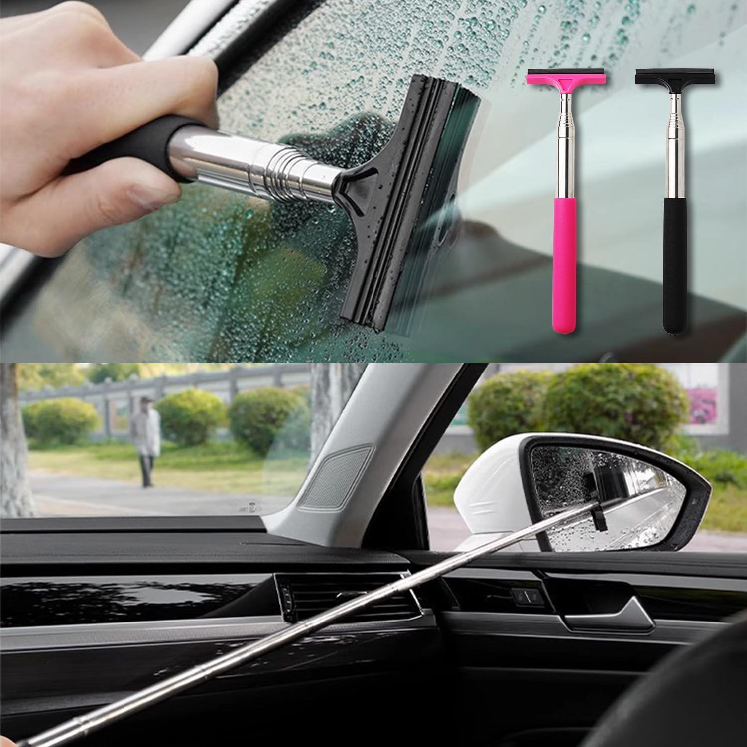 2-In-1 Car Mirror Squeegee &ndash; Portable Rearview Mirror Wiper with 98Cm Long Handle for Glass & Windows, Black and Pink