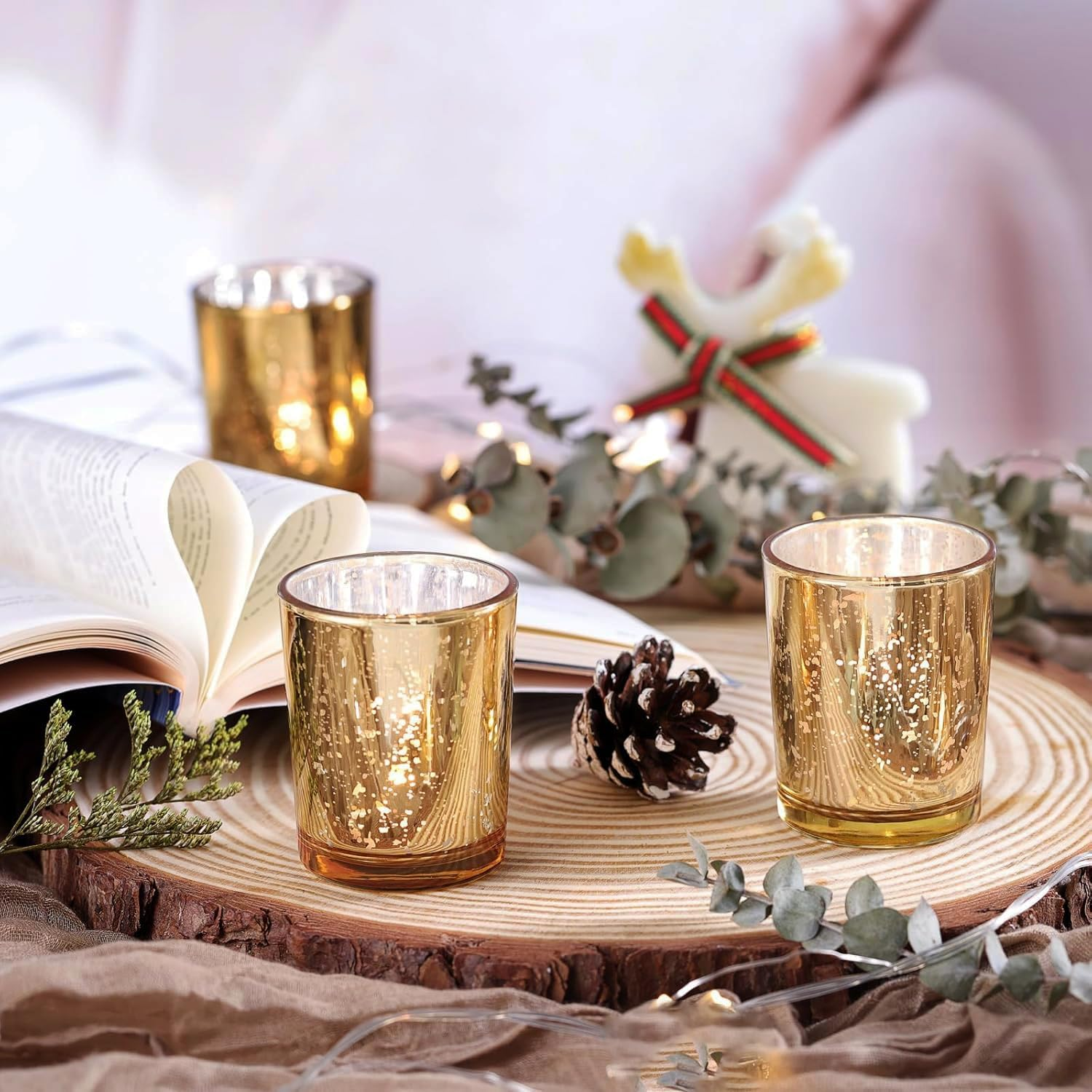 Candle Holders Votive 6Pcs, Gold Glass Tea Light Holders Bulk for Weddings, Events, Table Centrepiece, Christmas, Valentine, and Party and Holiday Decorations image number 6