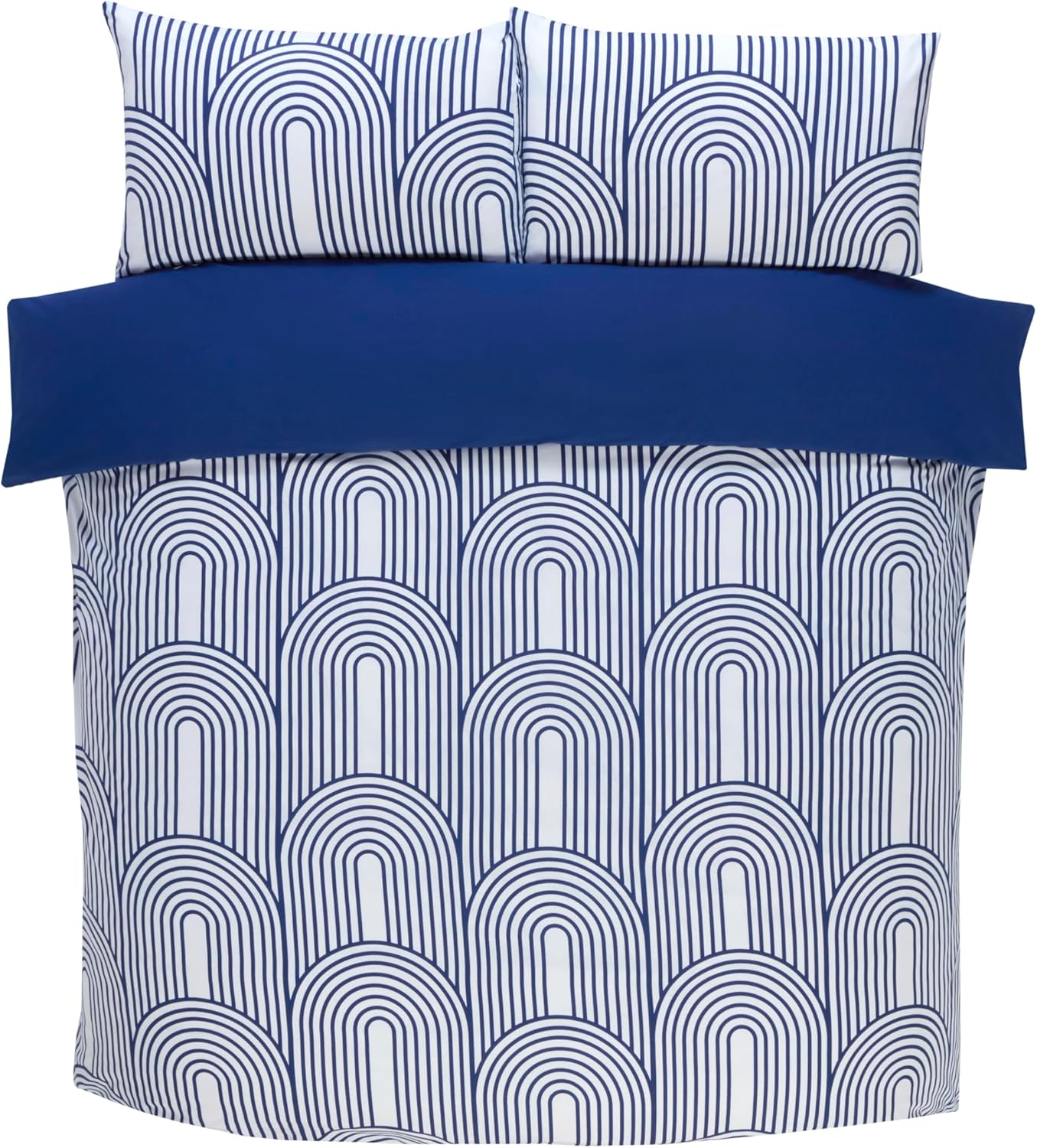 Rapport Home Kingsize Duvet Cover Set Premium Polycotton Arches Geometric Design Blue and White Minimalist 3PC Non-Iron Luxury Bedding Set with Snap Closure