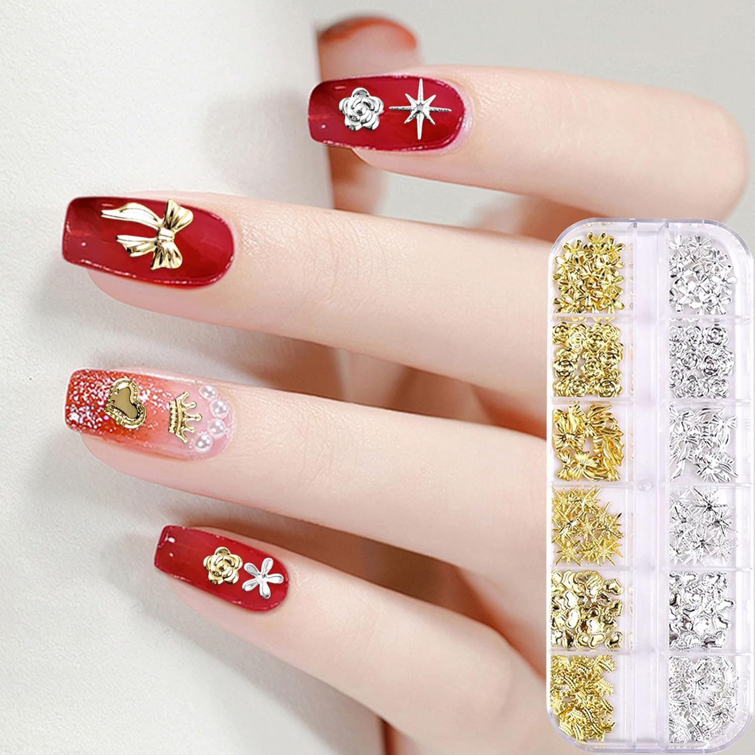 Gold Silver Nail Charms, 2 Boxes 24 Grid Star Heart Flowers Bows Nails Charm Nail Studs, Punk Metal Alloy Nail Gemstone Bow Knot Moon Decoration Accessories for Nail Design DIY Crafts image number 4