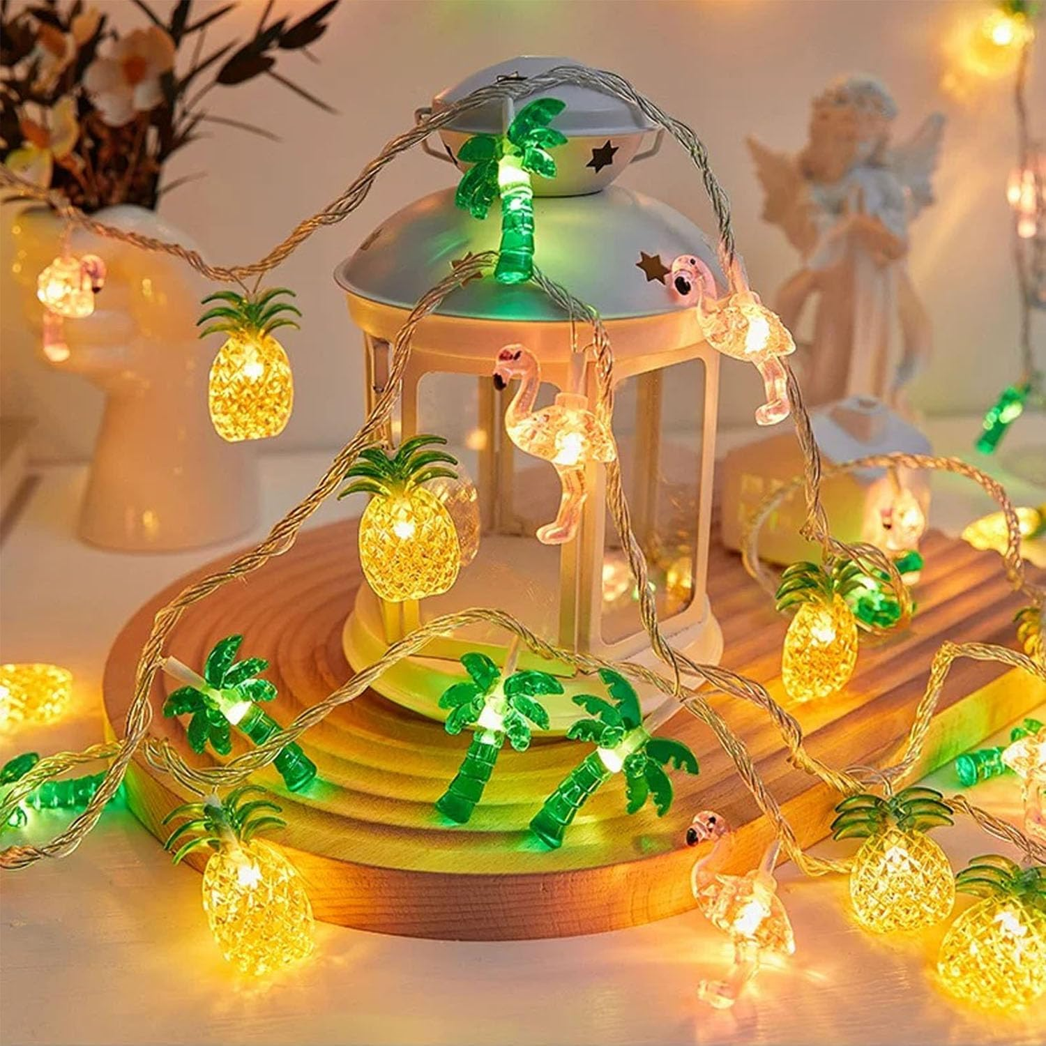 Foanlerck 3 M 20 LED Fairy Lights with Pineapple Flamingo Palm Trees Fairy Lights Bedroom Decoration, Battery Operated, Fairy Lights for Summer Party Decoration Beach Tropical Party Decoration