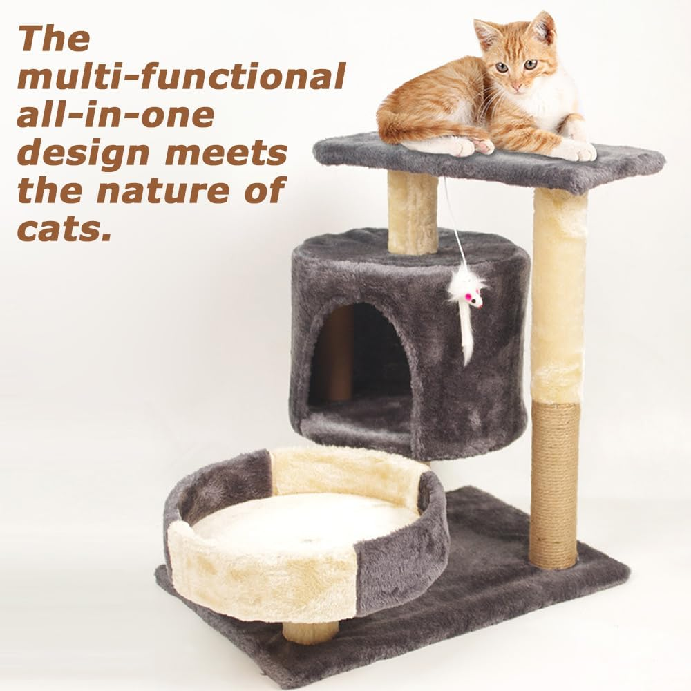 Cat Climbing Frame,Cat Tree Climb Tower,Kitty Condo,Pet Jumping Platform,Cat Tree,With 3Tier, Cave, Hammock, Pompoms,Interactive Resting Nest Bed Cave (Dark Grey) image number 3