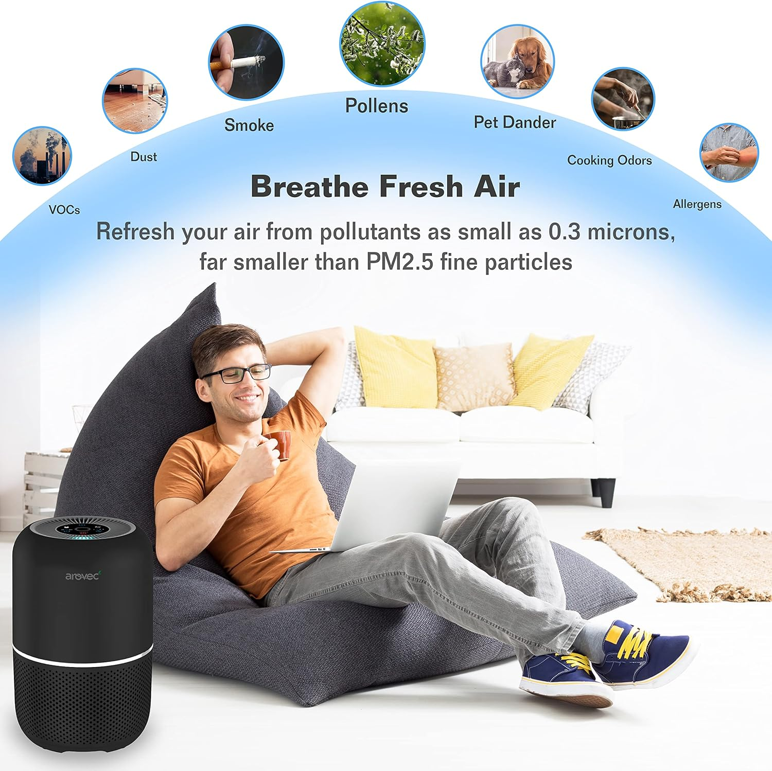 AROVEC Air Purifier Smart True HEPA Filter, Air Cleaner for Allergies, Pets, Pollen, Dust, Odour Eliminators for Bedroom, Smart Air Quality Sensor, 2-Yr Warranty, AV-P300, Black. image number 2