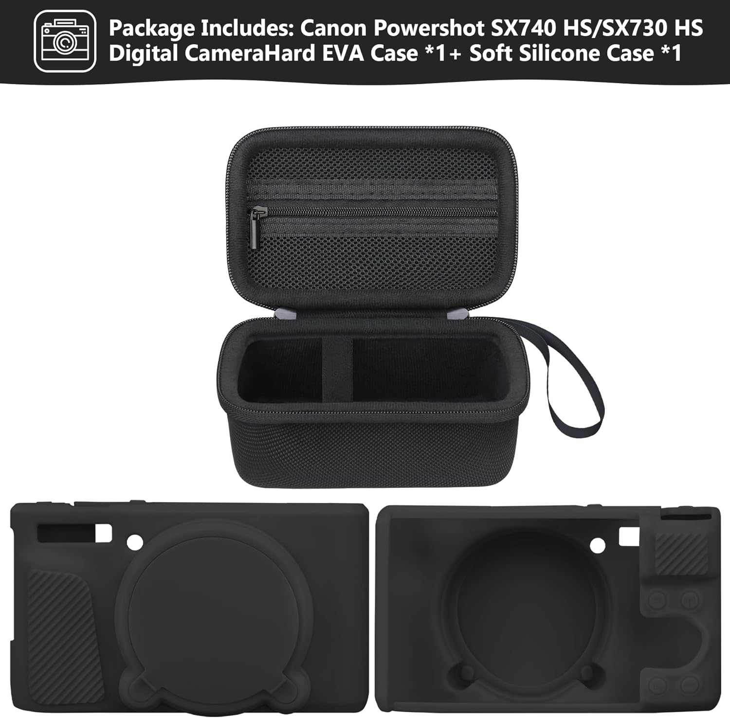 Supmay Case for SX740 SX730 Camera, SX740 SX730 HS Camera Case Bundle, Include Hard Carrying Case*1+Soft Silicone Camera Case*1, Compatible with Canon Powershot SX740/ SX730 HS Digital Camera, Black