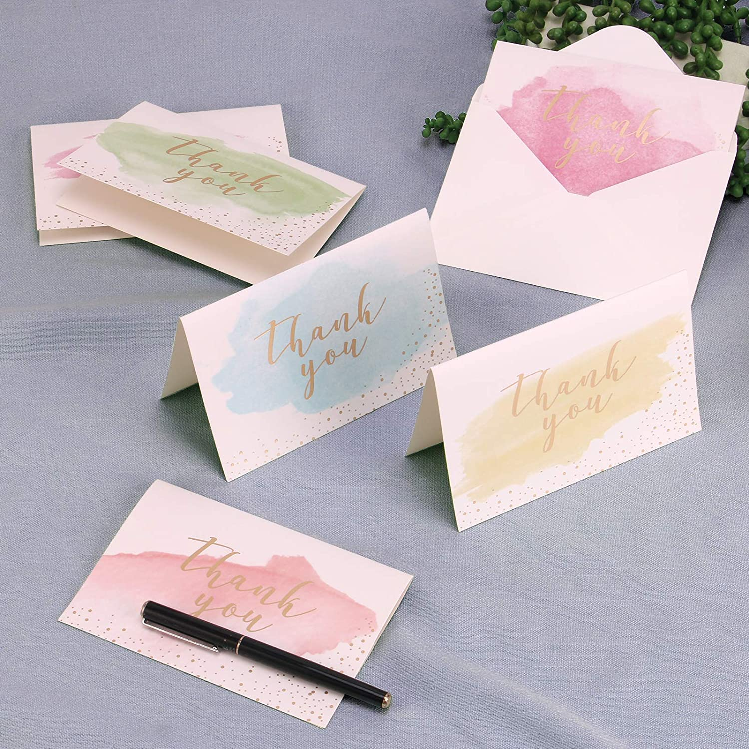 Thank You Cards Set: 12 Sheets Thank You Greeting Cards with Envelopes and Stickers,Watercolour Design, Greeting Cards for Wedding, Kids - Fully Recyclable and Eco-Friendly Cards image number 6