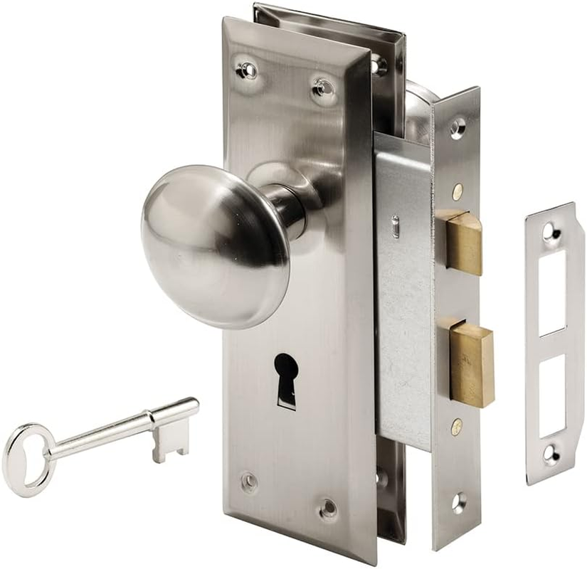 Prime-Line Products E 2293 Mortise Lock Set, 2-3/8 In. Backset, Case Hardened Steel, Polished Brass, Reversible