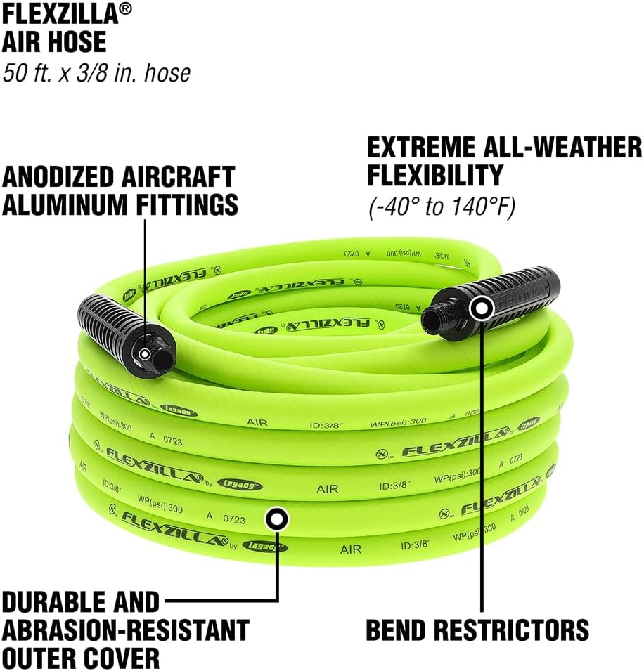 Flexzilla Air Hose, 3/8 In. X 50 Ft., 1/4 In. MNPT Fittings, Heavy Duty, Lightweight, Hybrid, Zillagreen - HFZ3850YW2 image number 3