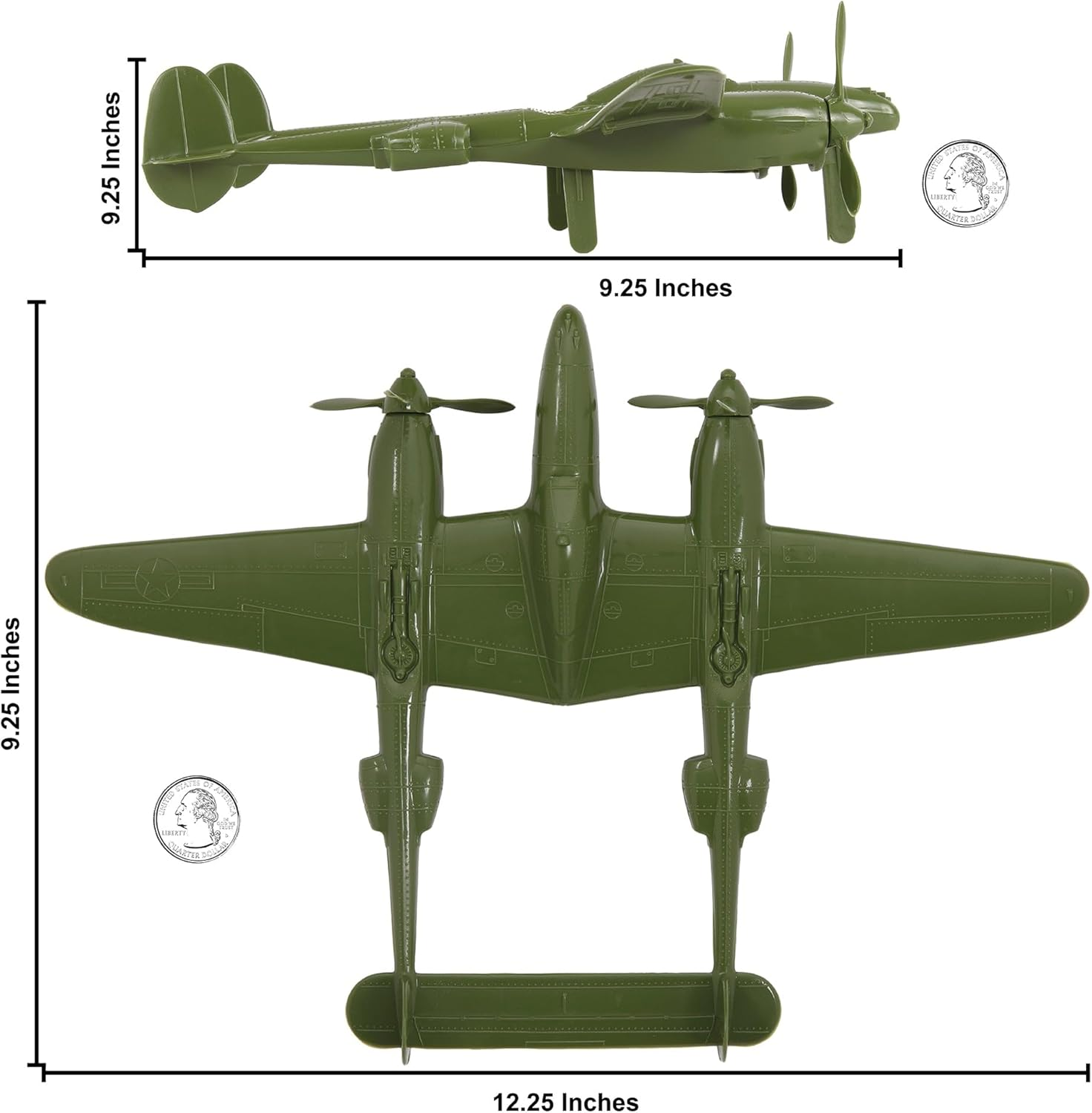 Timmee WW2 P-38 Lightning Fighter Plane - 2Pc OD Green Plastic Army Men Aircraft