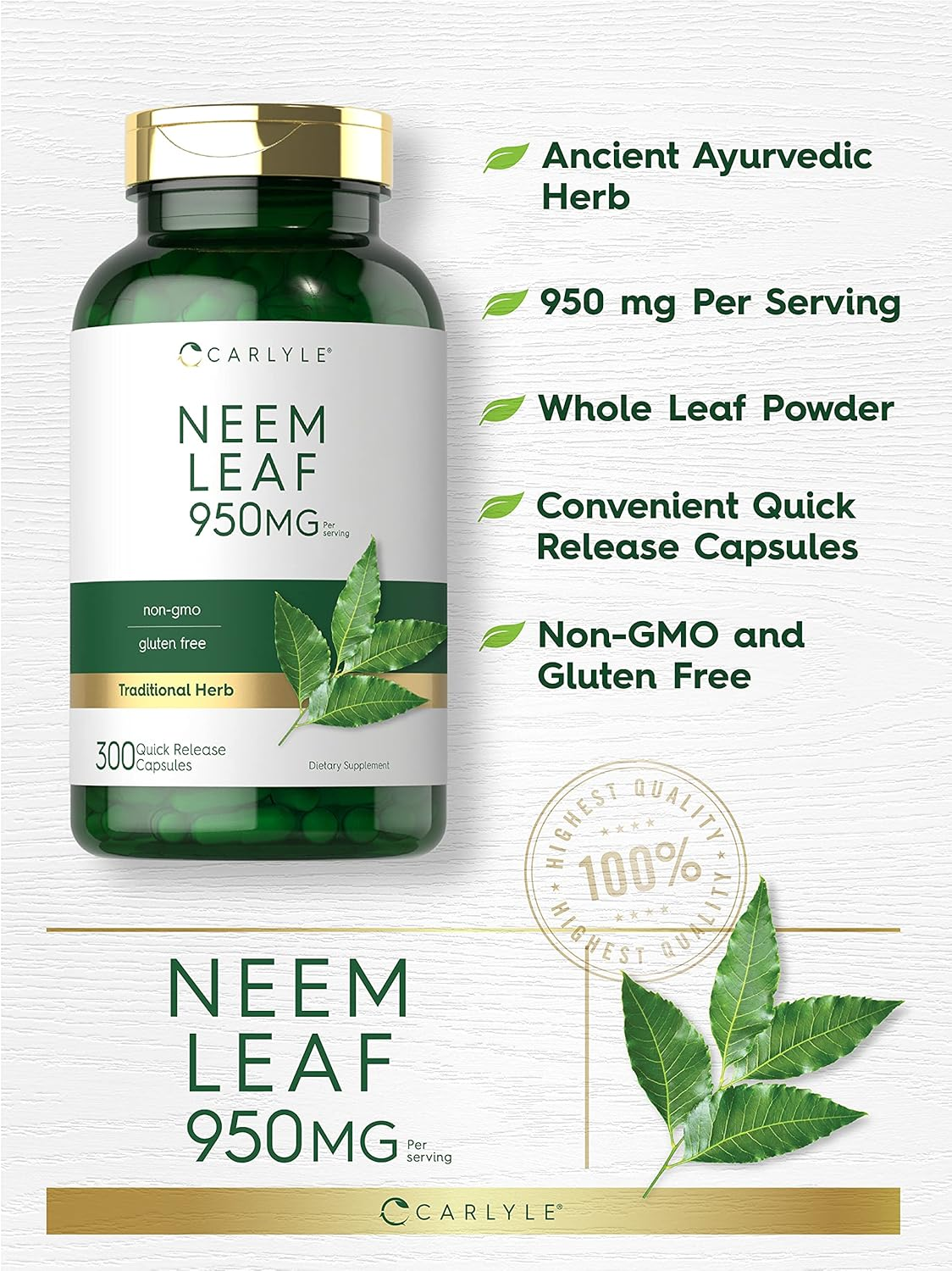 Neem Leaf | 950Mg | 300 Powder Capsules | Non-Gmo and Gluten Free Formula | Value Size | Traditional Herbal Supplement | Azadirachta Indica | by Carlyle