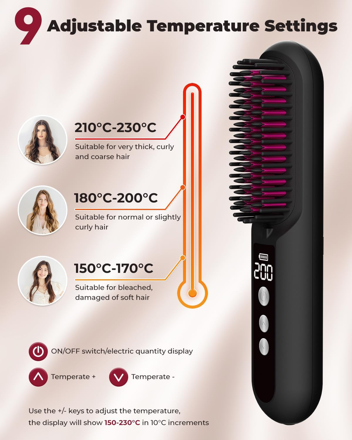 CARER SPARK Wireless Straightening Brush, Portable Mini Hair Brush for Travel with Millions of Negative Ions, Ultra-Long Working Time of 80 Minutes, 9 Temperature Levels, 150&deg;C - 230&deg;C image number 6
