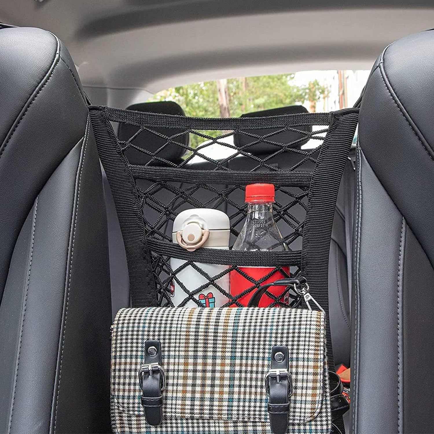EZONEDEAL 3-Layer Car Mesh Storage Organizer, Seat Back Net Bag, Barrier of Backseat Pet Kids, Mesh Cargo Net Hook Pouch Holder for Tissue Purse Bag Handbag Phone Pets Children Kids Disturb Stopper image number 2